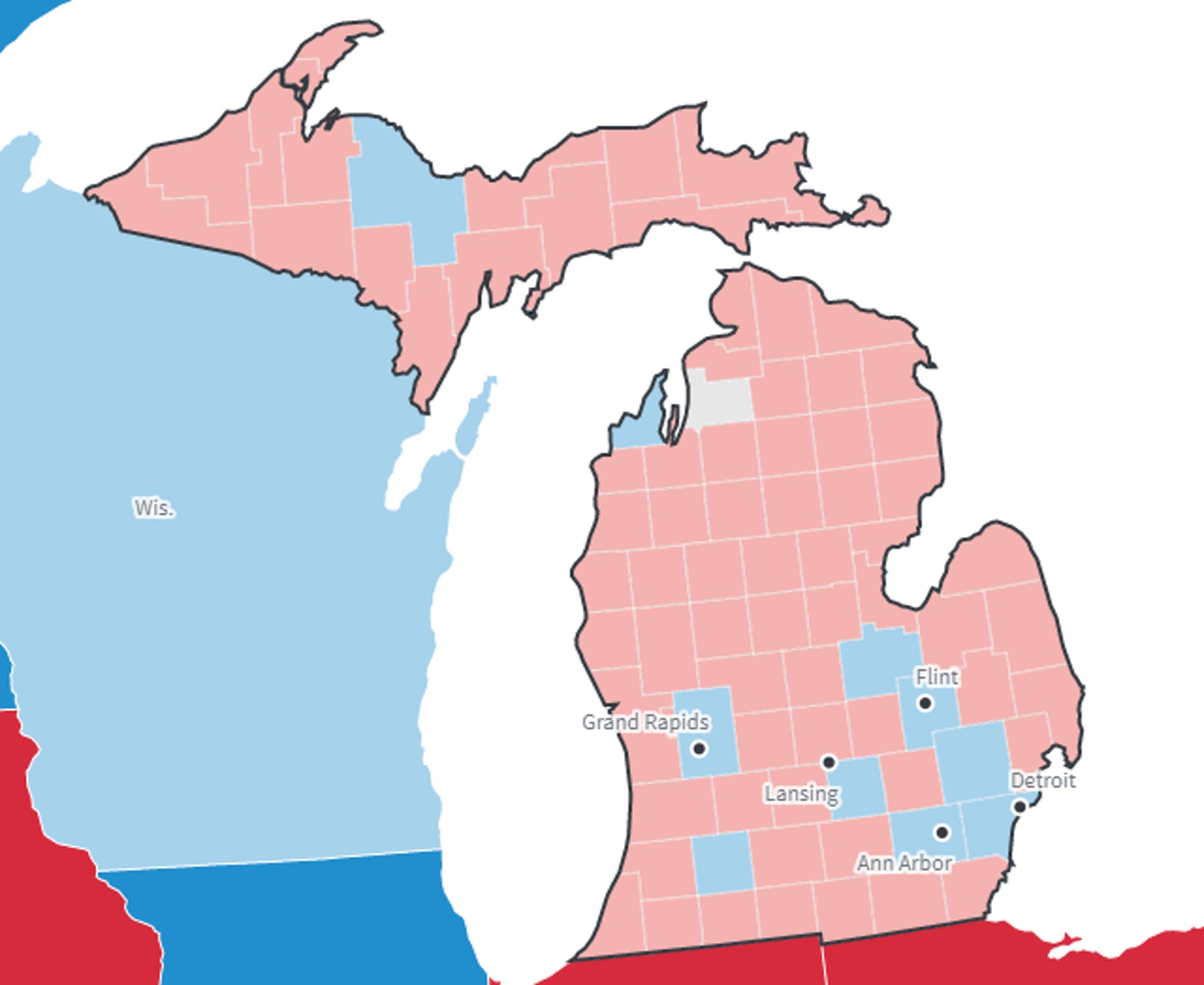跟鄰州威斯康星州一樣,密歇根也是一片「紅」,但人口最集中的大城市區域則由民主黨取得勝利,奠定拜登拿下密歇根的勝局。(Reuters最新投票結果截圖) 跟鄰州威斯康星州一樣,密歇根也是一片「紅」,但人口最集中的大城市區域則由民主黨取得勝利,奠定拜登拿下密歇根的勝局。(Reuters最新投票結果截圖)
