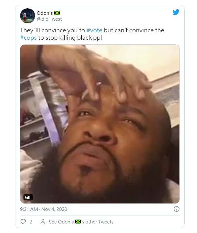 美國大選2020:用戶奧多尼(Odonis)11月4日在Twitter稱:「他們將會說服你去投票,但無法說服警察停止殺死黑人」。(Twitter@didi_west) 美國大選2020:用戶奧多尼(Odonis)11月4日在Twitter稱:「他們將會說服你去投票,但無法說服警察停止殺死黑人」。(Twitter@didi_west)