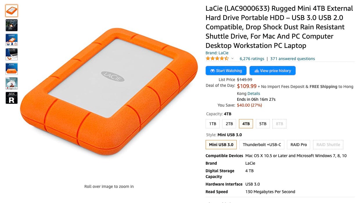 LaCie Rugged Mini 5TB External Hard Drive Portable HDD USB 3.0 2.0  Compatible， Drop Shock Dust Rain Resistant Shuttle Drive， For Mac And並行輸入  公式通販店舗