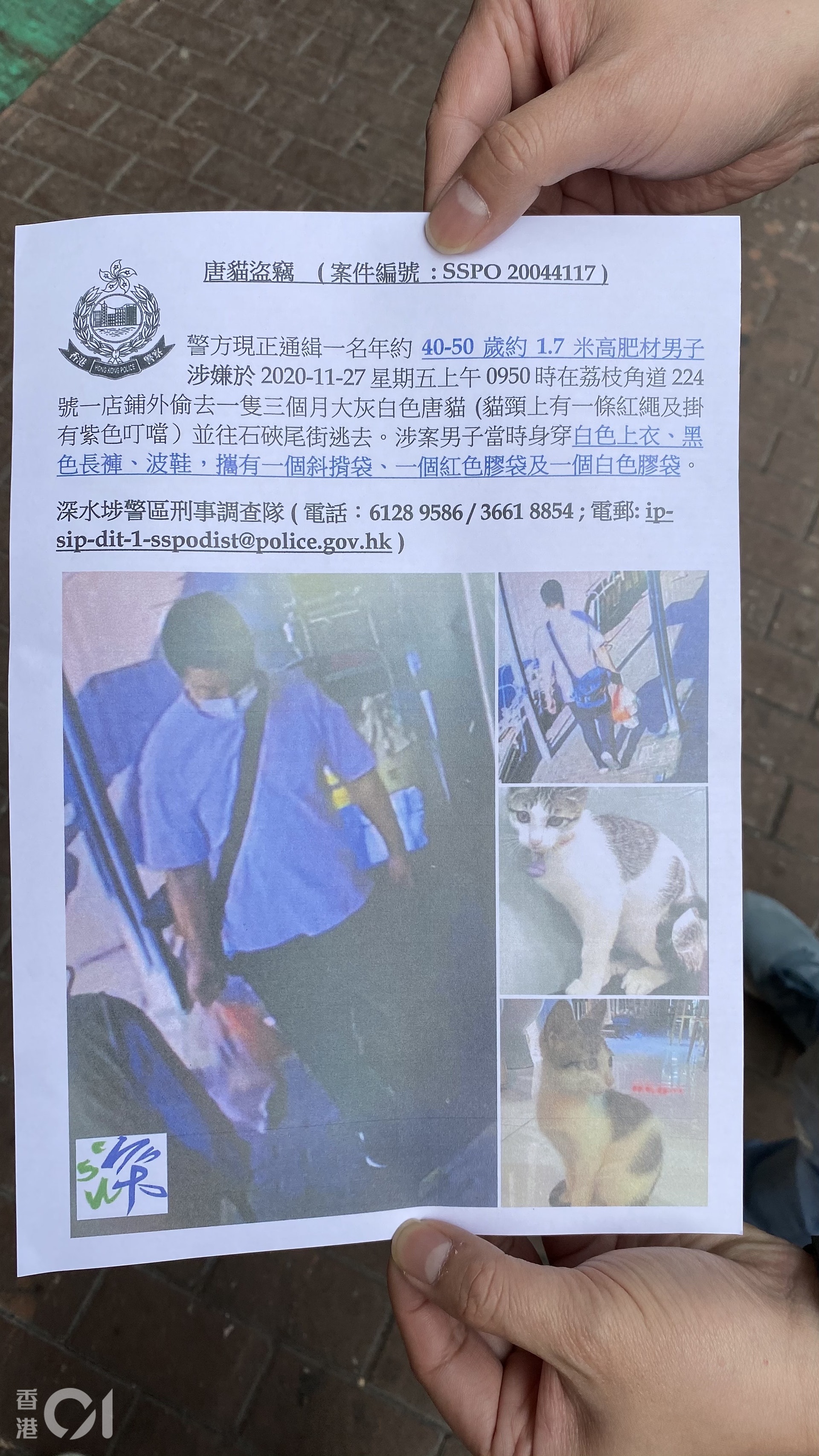 警方向街坊派發通緝傳單,呼籲任何人士如有案件的資料,請致電36618854或61289586與深水埗警區人員或任何一間警署聯絡。(郭倩雯攝) 警方向街坊派發通緝傳單,呼籲任何人士如有案件的資料,請致電36618854或61289586與深水埗警區人員或任何一間警署聯絡。(郭倩雯攝)