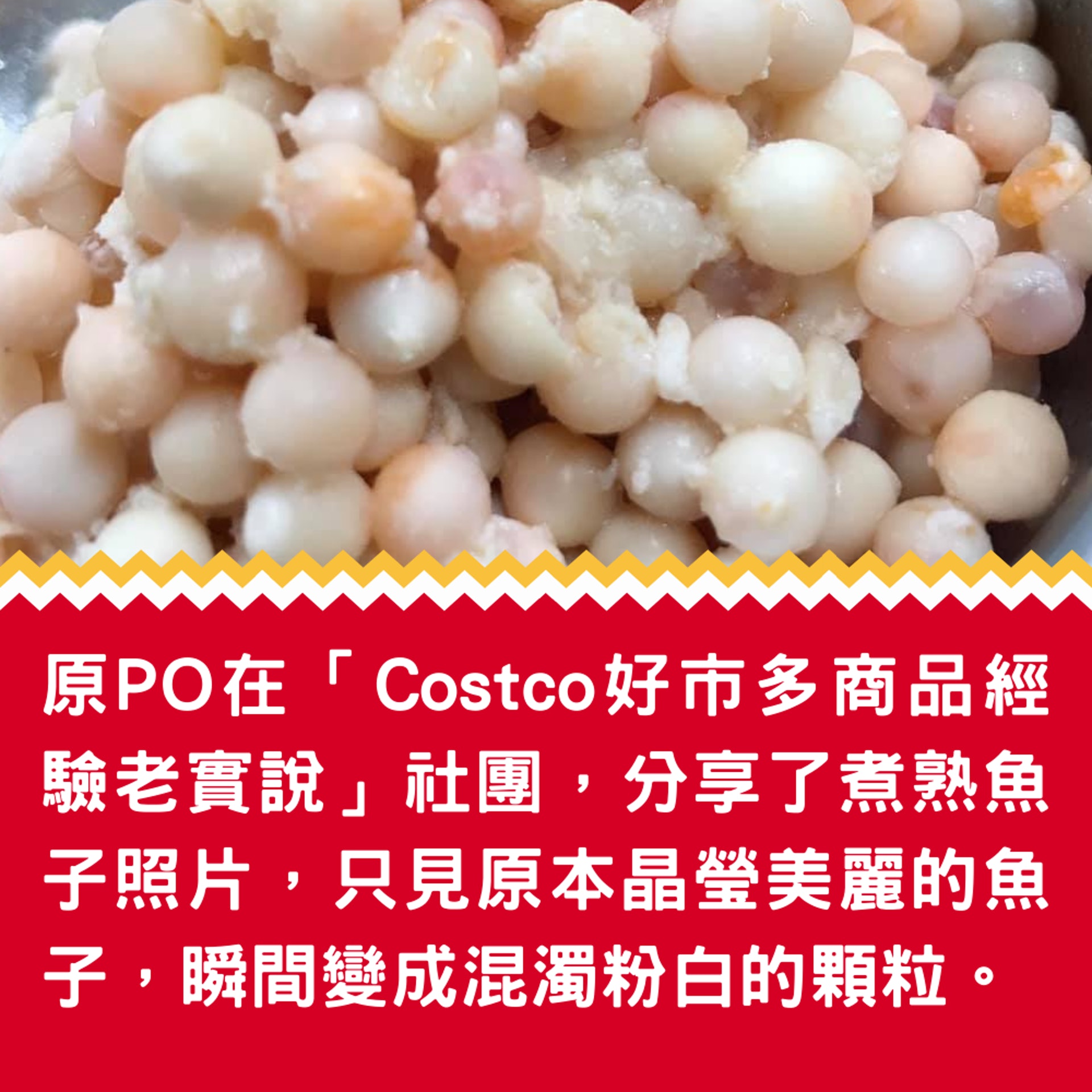 台網瘋傳兩張熟魚子照片 網民睇完食慾全消(01製圖/Facebook@Costco好市多 商品經驗老實說) 台網瘋傳兩張熟魚子照片 網民睇完食慾全消(01製圖/Facebook@Costco好市多 商品經驗老實說)