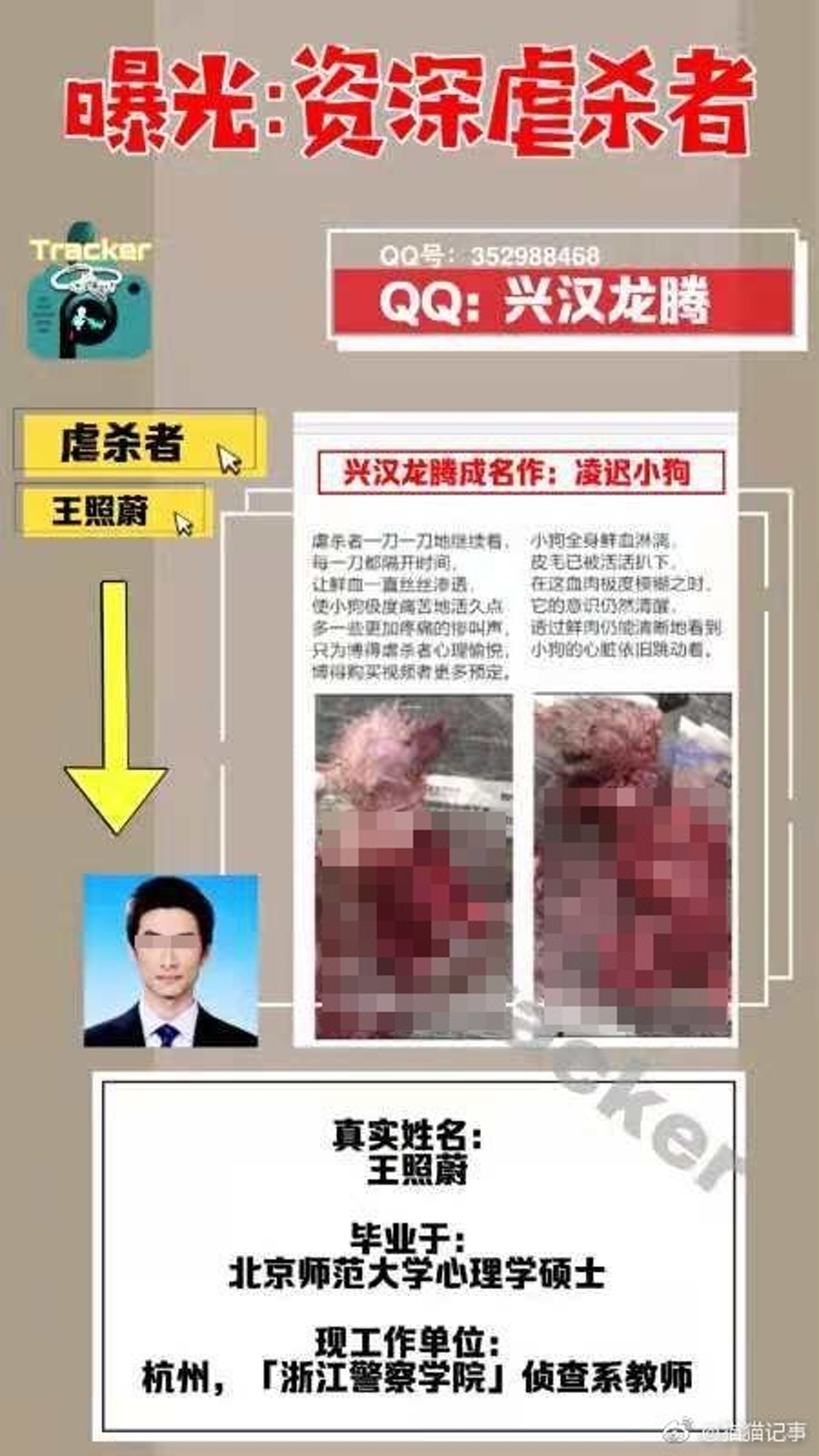 網民爆料稱,浙江警察學院教師王照蔚虐殺動物。(微博) 網民爆料稱,浙江警察學院教師王照蔚虐殺動物。(微博)