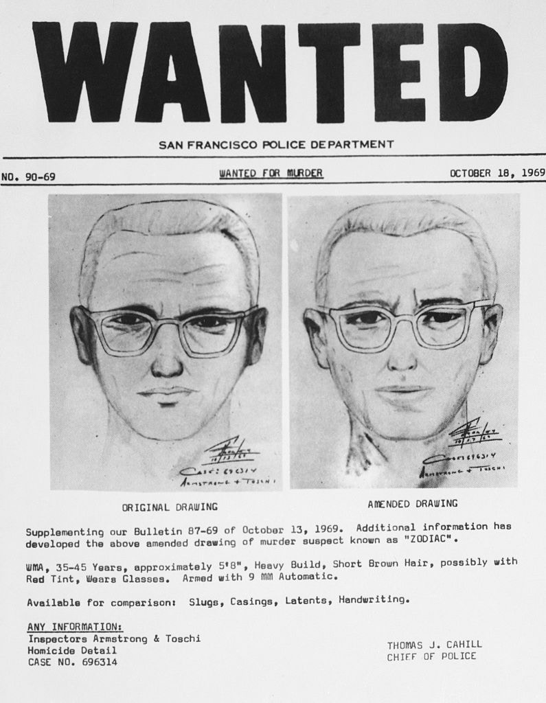 「黃道十二宮殺手」（Zodiac Killer）：他在1968年至1969年間在加州犯下至少5宗殺人案，另造成至少2人受傷。圖為1969年美國警方通緝「黃道十二宮殺手」的海報（AP）