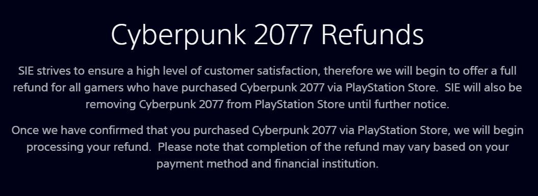 SIE宣布Cyberpunk 2077從PS Store下架，玩家可全數退款（PS Store擷圖）