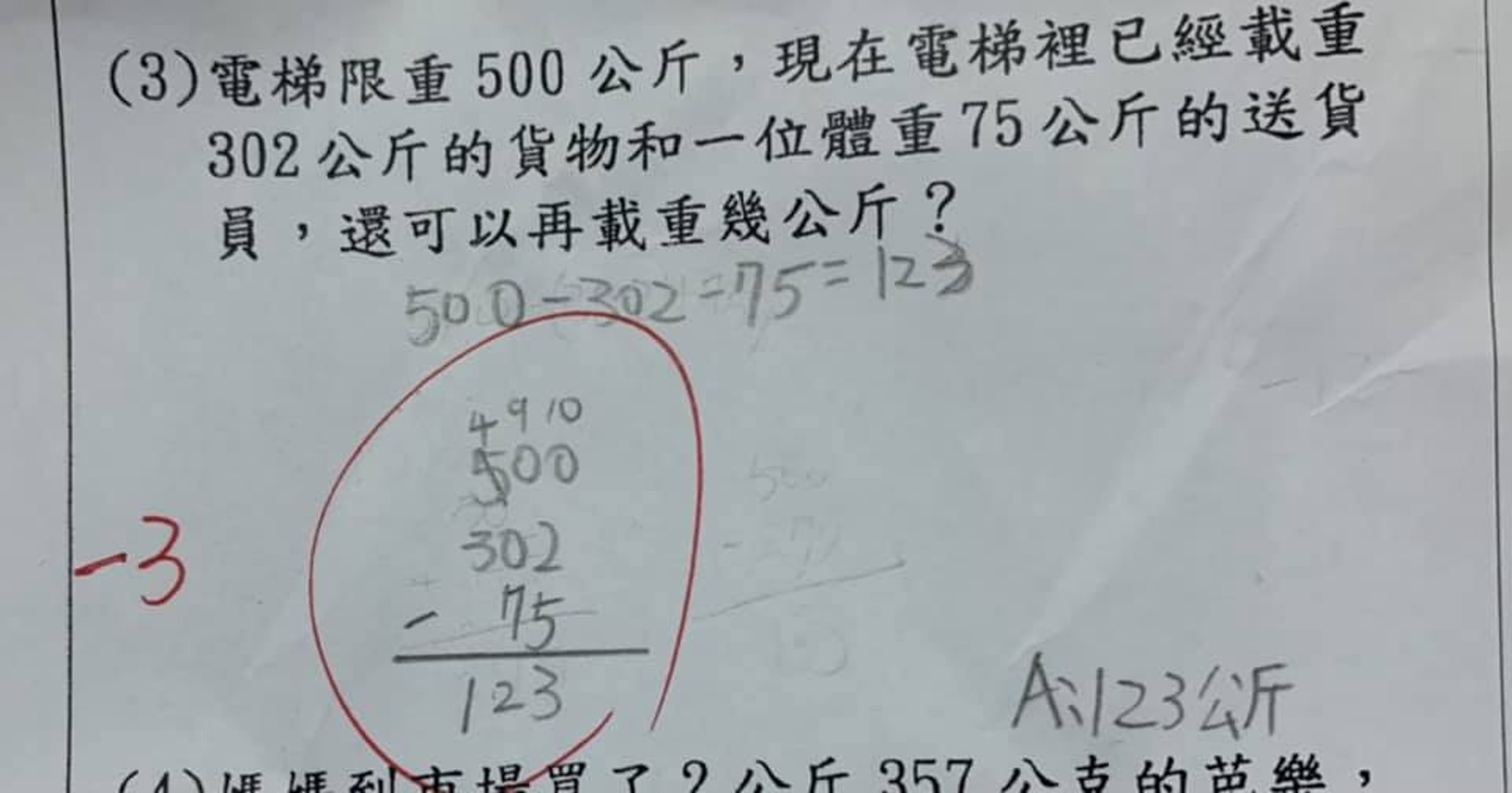 題目可見,電梯限重500公斤,目前已載重302公斤貨物與一位75公斤的送貨員:「可以再載重幾公斤?」其實就是簡單的減法題,孩子則依序解題橫式為「500-302-75=123」,結果下方的直式解法,被老師用紅筆圈起來,秒扣3分。(Facebook@爆廢公社二館) 題目可見,電梯限重500公斤,目前已載重302公斤貨物與一位75公斤的送貨員:「可以再載重幾公斤?」其實就是簡單的減法題,孩子則依序解題橫式為「500-302-75=123」,結果下方的直式解法,被老師用紅筆圈起來,秒扣3分。(Facebook@爆廢公社二館)