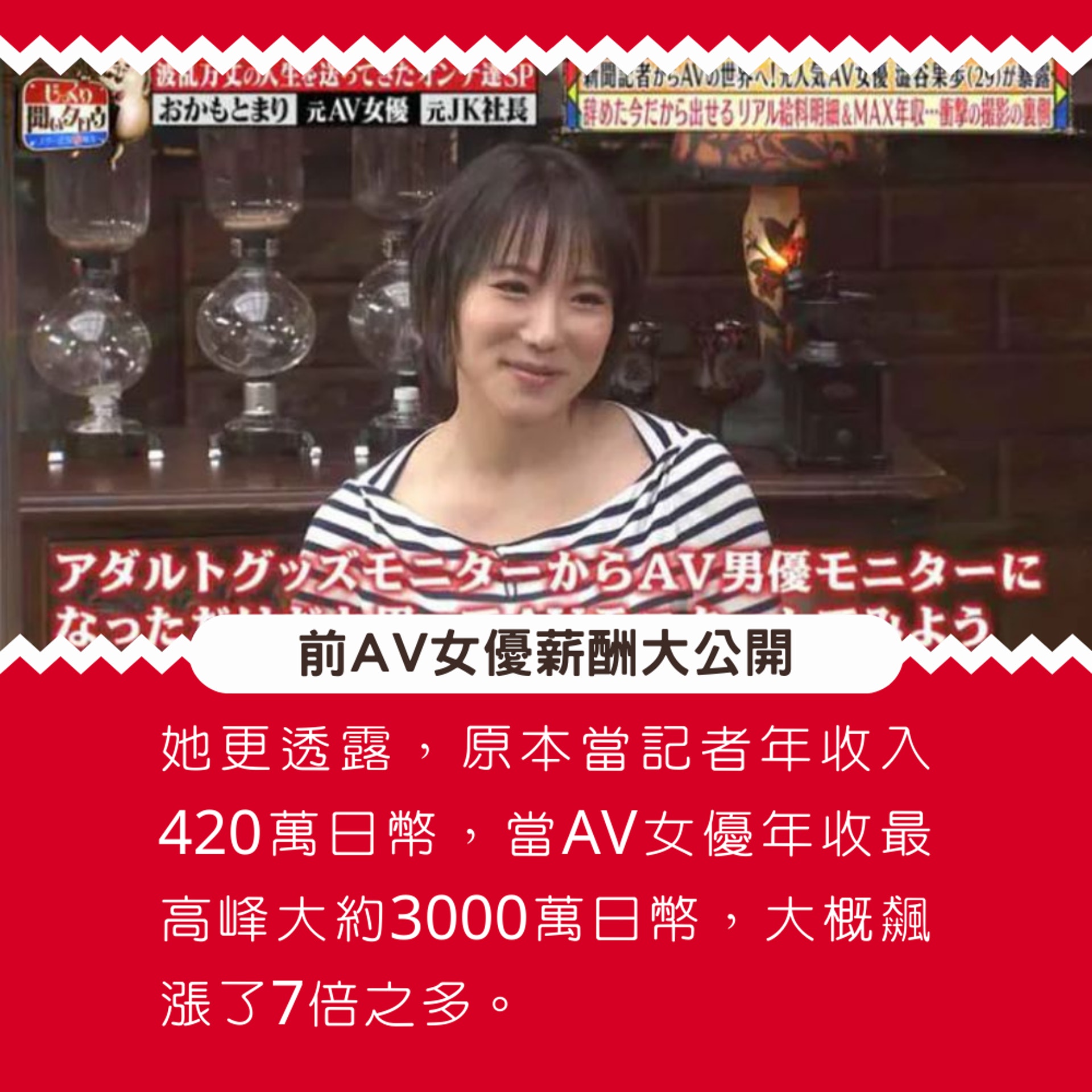 日本記者下海拍AV 年收入暴增七倍!女優自揭片酬(01製圖/節目截圖) 日本記者下海拍AV 年收入暴增七倍!女優自揭片酬(01製圖/節目截圖)
