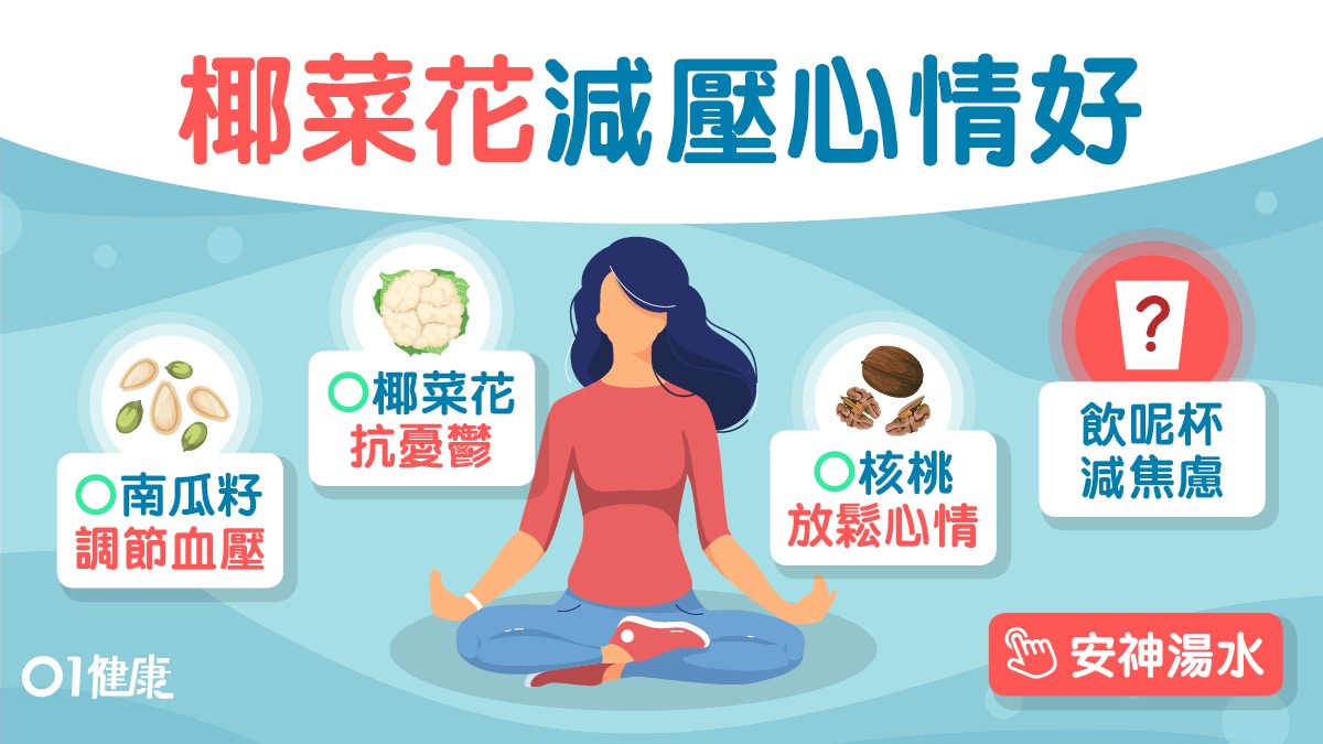 減壓食物｜壓力大內分泌失調周身痛　合桃椰菜花6食物減壓抗抑鬱