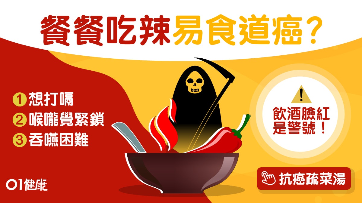 癌症|嗜辣女天天啤酒辣椒醬患食道癌!吞嚥難7症狀食幾熱易致癌? 癌症|嗜辣女天天啤酒辣椒醬患食道癌!吞嚥難7症狀食幾熱易致癌?