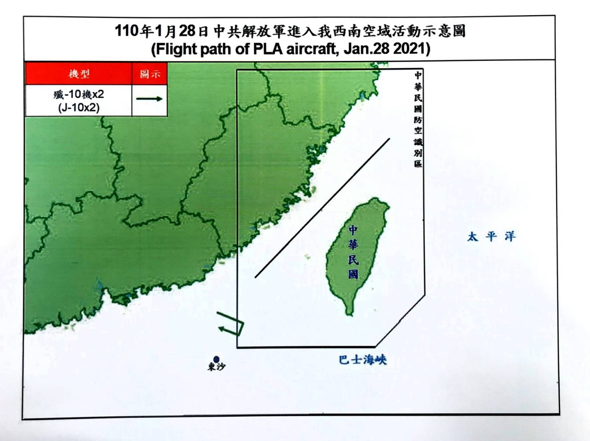 1月28日深夜動態顯示,2架次殲10戰機在台灣西南空域防空識別區內外徘徊。(台灣國防部) 1月28日深夜動態顯示,2架次殲10戰機在台灣西南空域防空識別區內外徘徊。(台灣國防部)