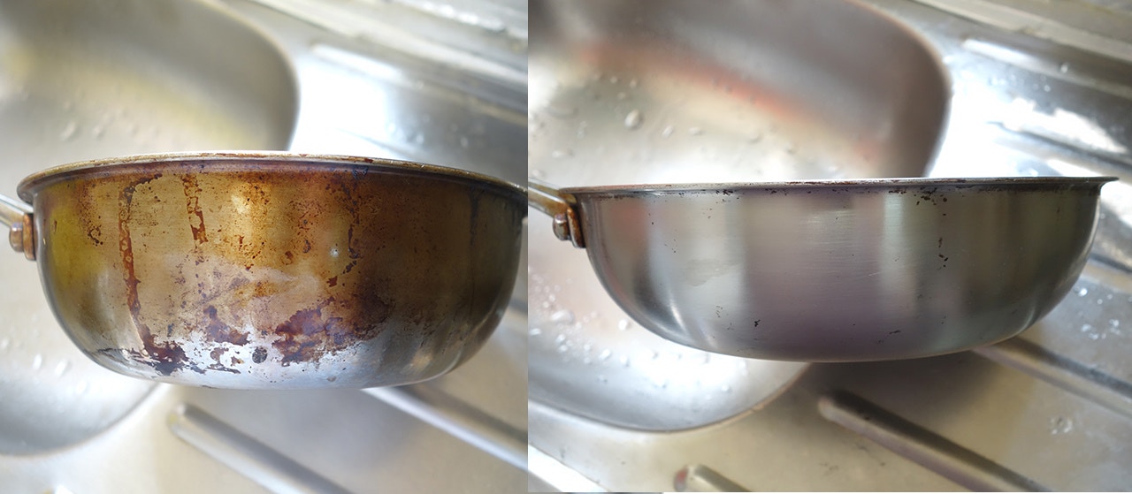 圖中左手邊是清潔前，右手邊是清潔後，不鏽鋼鍋嶄新如初。