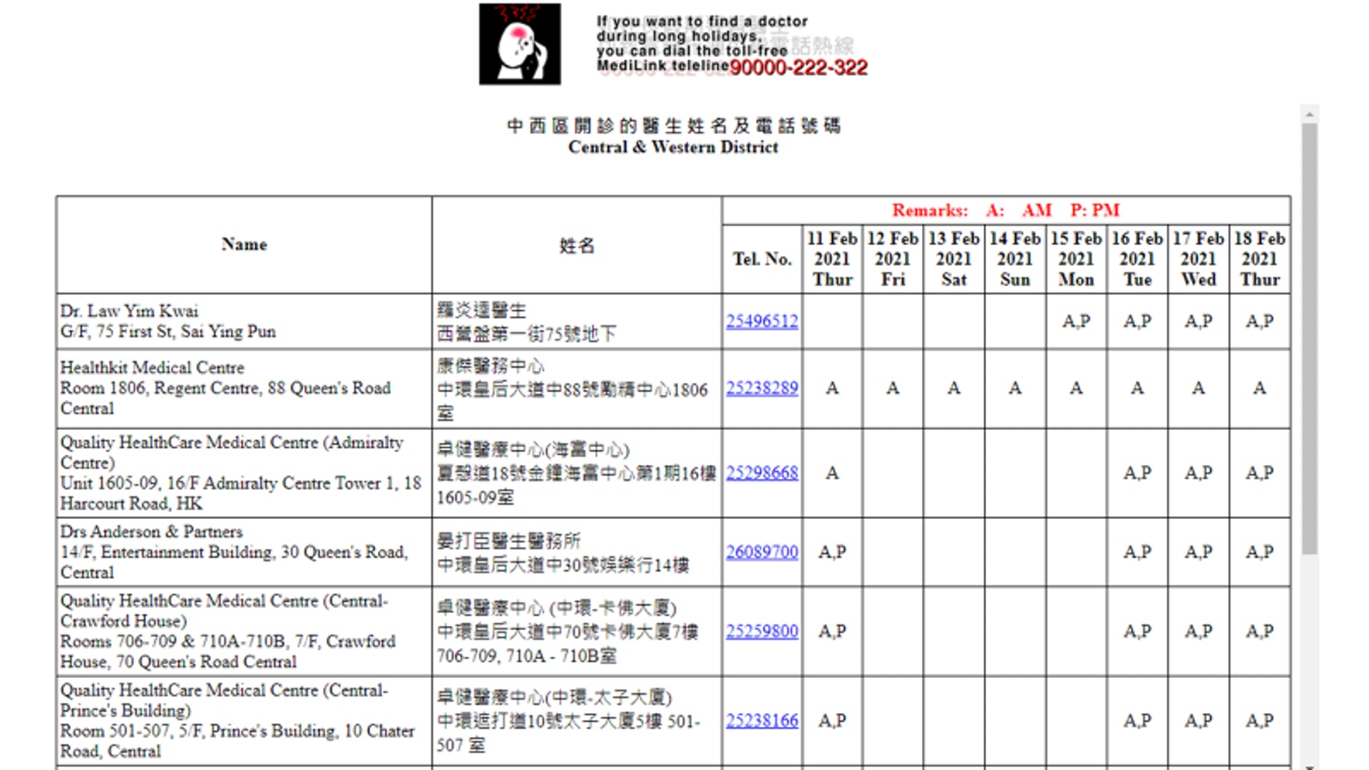 【全港18區農曆新年期間應診診所一覽:中西區.1】(取自香港醫學會的「醫訊通」網站) 【全港18區農曆新年期間應診診所一覽:中西區.1】(取自香港醫學會的「醫訊通」網站)