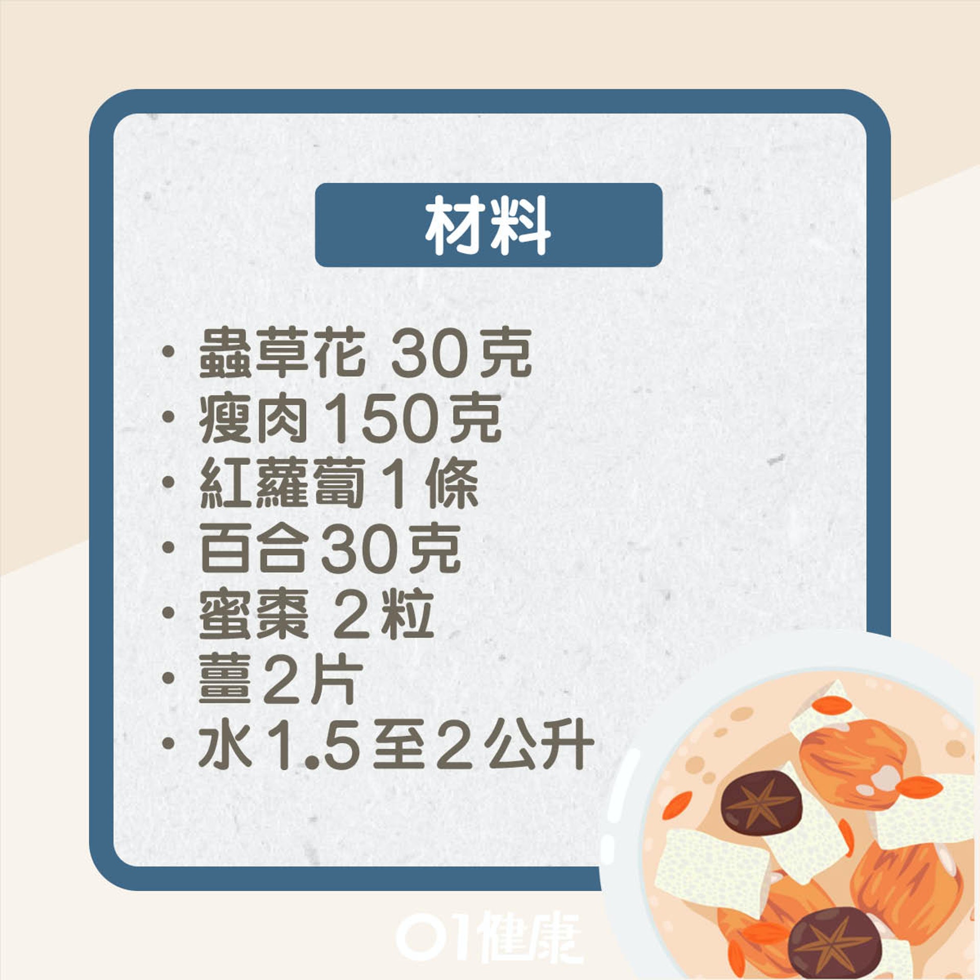 蟲草花無花果百合瘦肉湯(01製圖) 蟲草花無花果百合瘦肉湯(01製圖)