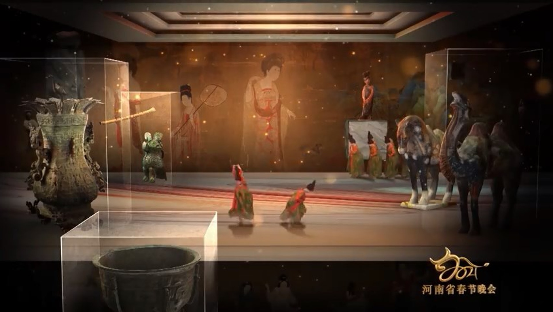 表演中出現了大量著名文物及古代名畫,包括「婦好鴞尊」及《簪花仕女圖》等。(影片截圖) 表演中出現了大量著名文物及古代名畫,包括「婦好鴞尊」及《簪花仕女圖》等。(影片截圖)