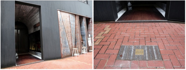 全黑色的外表，看起來完全不像酒店。大門入口像一個神秘的通道，很容易不小心就走過（記得留意地上的小標誌提示！！）（KKday授權使用）