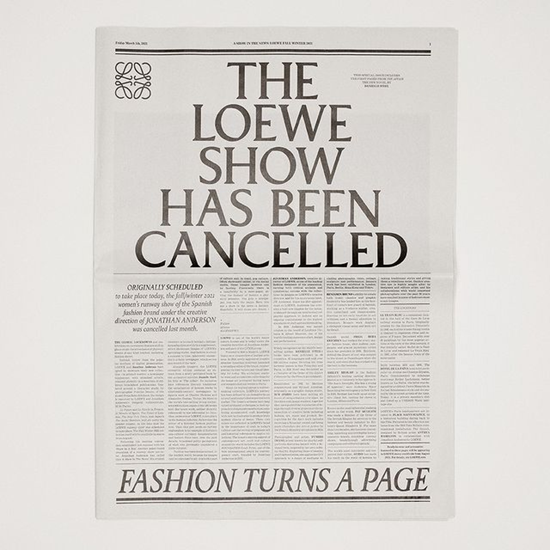 是日頭條:「The LOEWE show has been cancelled」。(Instagram@loewe) 是日頭條:「The LOEWE show has been cancelled」。(Instagram@loewe)
