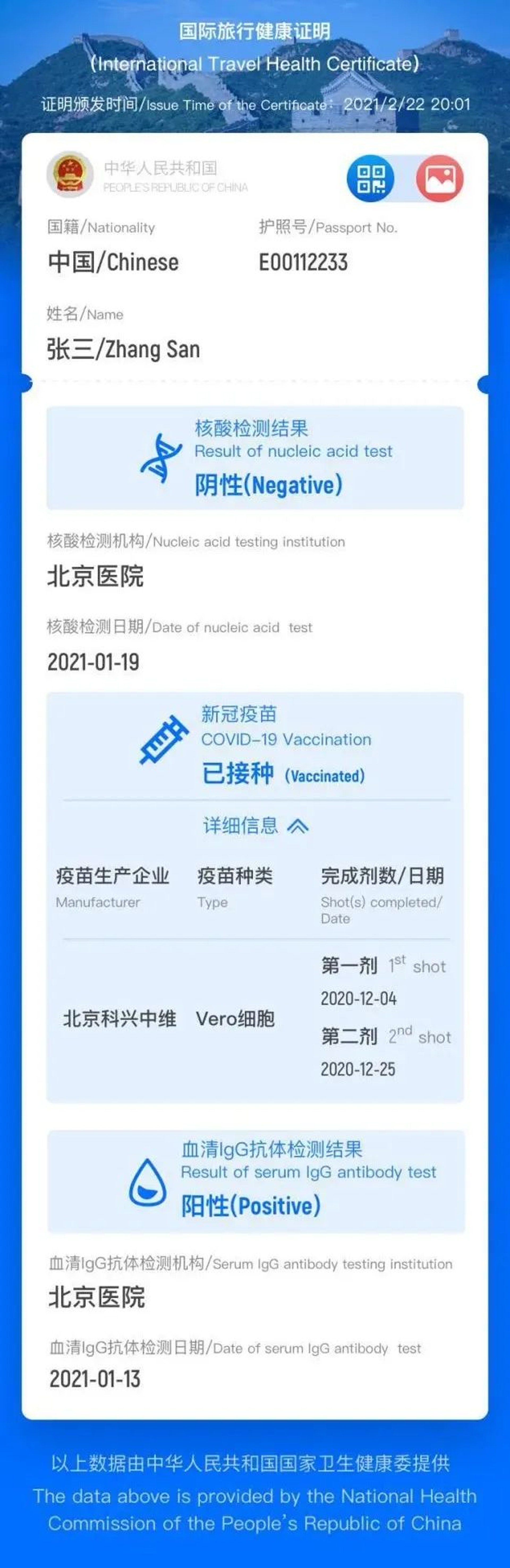 中國「國際旅行健康證明」電子版。 中國「國際旅行健康證明」電子版。