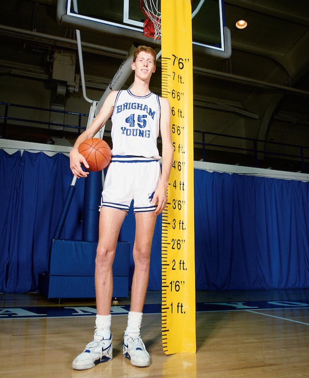 量度伯特利（Shawn Bradley）身高的經典照片。（Twitter）