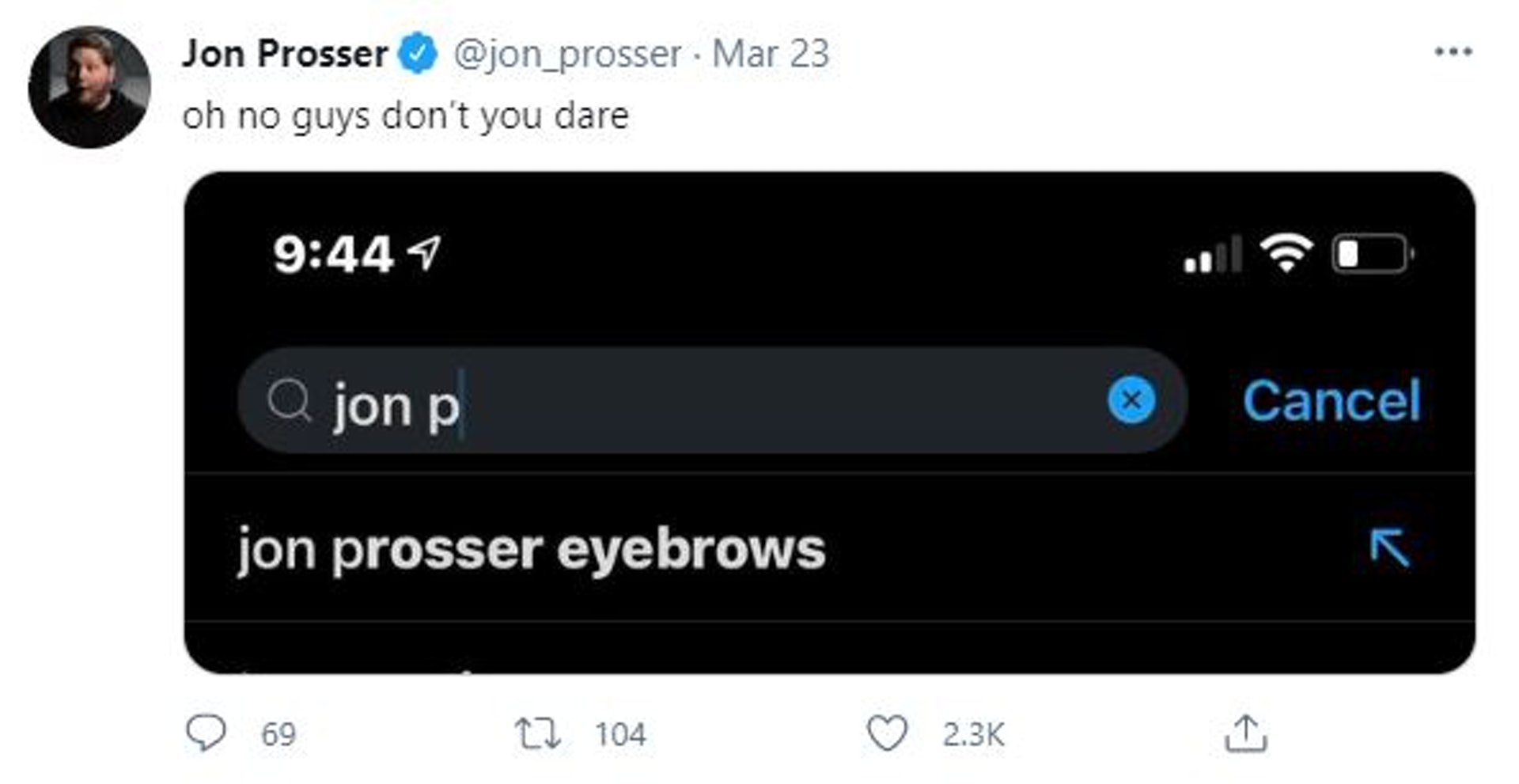 先前,國外的蘋果知名爆料者Jon Prosser預測蘋果將會在3月23日舉辦新品發表會,並且表示對於這個日期的預測很有信心。如果日期不對,他就把眉毛剃了。(Twitter擷圖) 先前,國外的蘋果知名爆料者Jon Prosser預測蘋果將會在3月23日舉辦新品發表會,並且表示對於這個日期的預測很有信心。如果日期不對,他就把眉毛剃了。(Twitter擷圖)