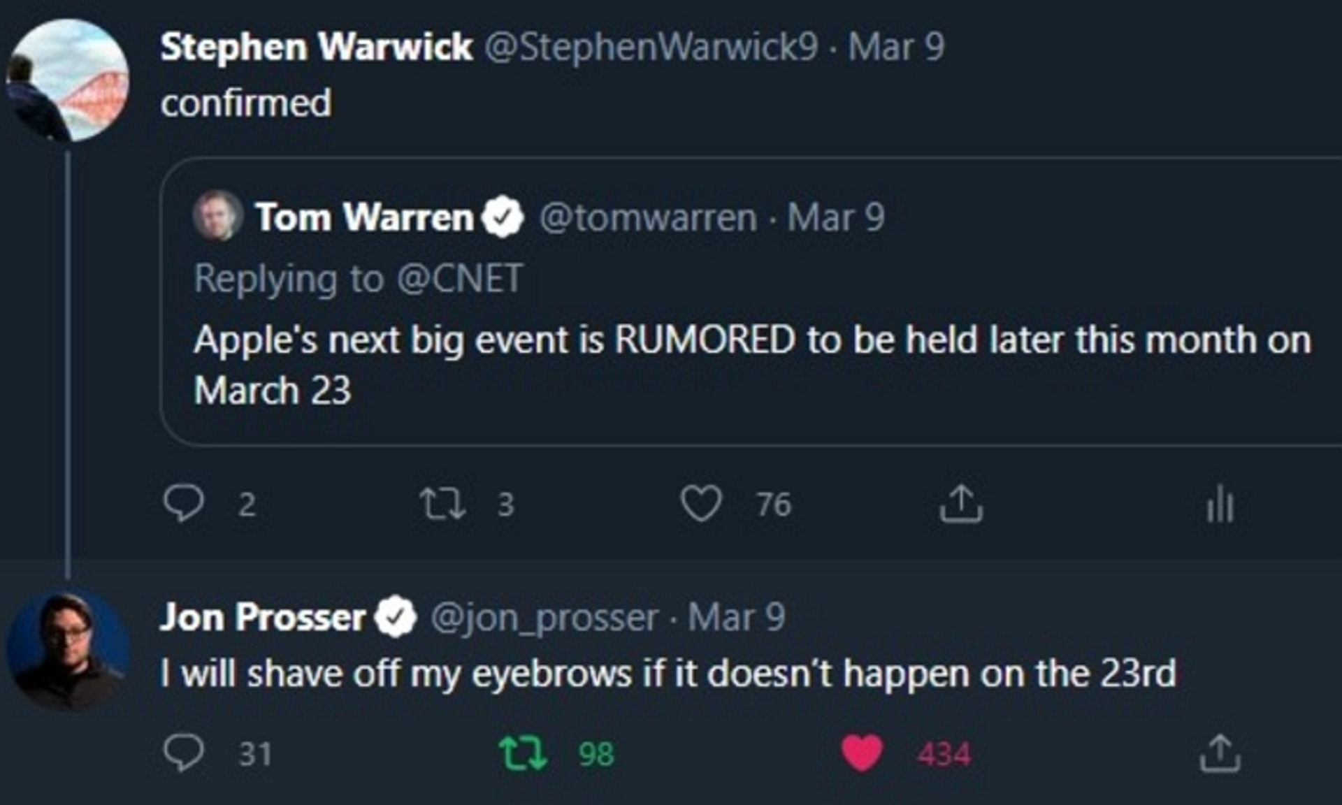 先前,國外的蘋果知名爆料者Jon Prosser預測蘋果將會在3月23日舉辦新品發表會,並且表示對於這個日期的預測很有信心。如果日期不對,他就把眉毛剃了。(Twitter擷圖) 先前,國外的蘋果知名爆料者Jon Prosser預測蘋果將會在3月23日舉辦新品發表會,並且表示對於這個日期的預測很有信心。如果日期不對,他就把眉毛剃了。(Twitter擷圖)
