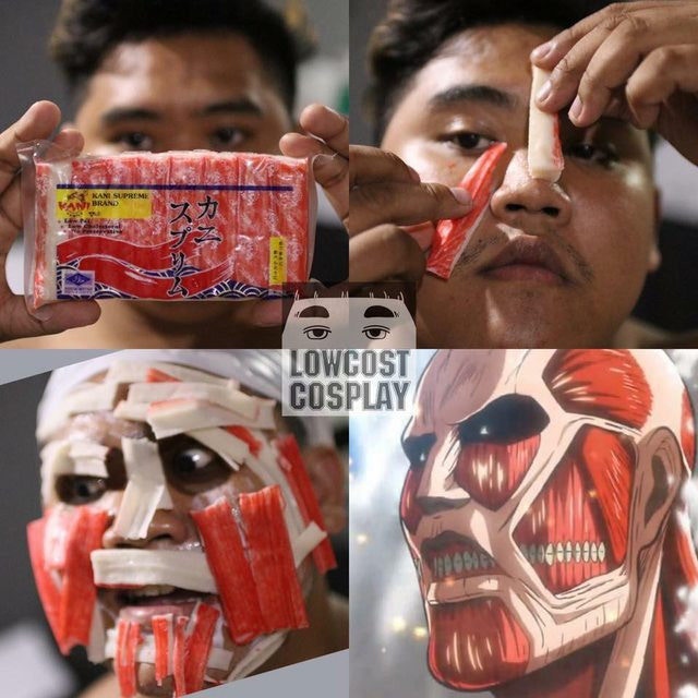 畫面中，只見他拿出一包蟹肉棒，開始將蟹肉棒一一貼在臉上，接著只要睜大雙眼就是漫畫裡的巨人了！連筋肉色塊分布都一樣，讓網友大呼佩服。（IG@lowcostcosplayth）