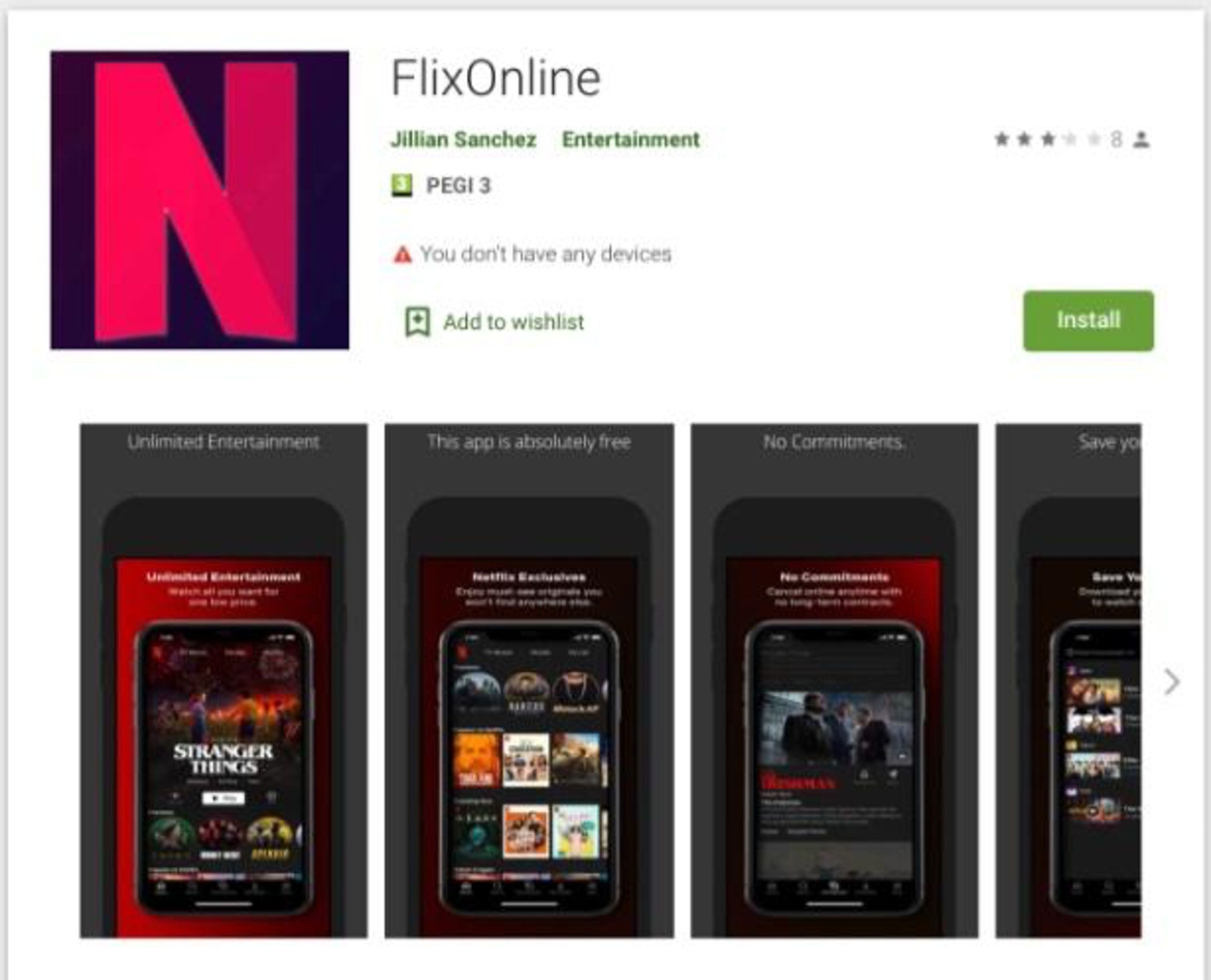 Google Play 商店曾經上架FlixOnline App。(Google Play畫面) Google Play 商店曾經上架FlixOnline App。(Google Play畫面)