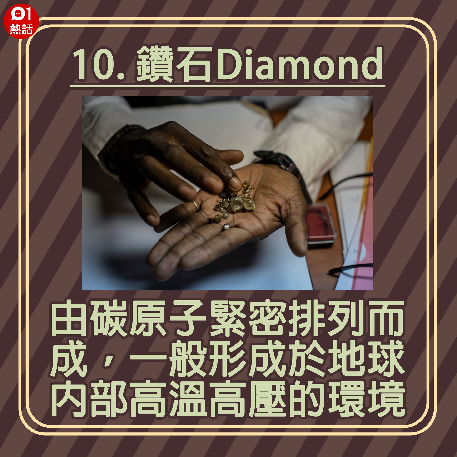 【世上10種最堅硬物質】10a.由碳原子緊密排列而成,一般形成於地球內部高溫高壓的環境。(GettyImages/香港01製圖) 【世上10種最堅硬物質】10a.由碳原子緊密排列而成,一般形成於地球內部高溫高壓的環境。(GettyImages/香港01製圖)