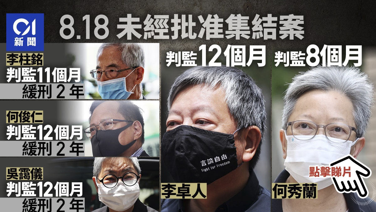 8 18及8 31集會 黎智英李卓人兩案囚14月吳靄儀李柱銘等緩刑 香港01 社會新聞 8 18及8 31集會 黎智英李卓人兩案囚14月吳靄儀李柱銘等緩刑 香港01 社會新聞