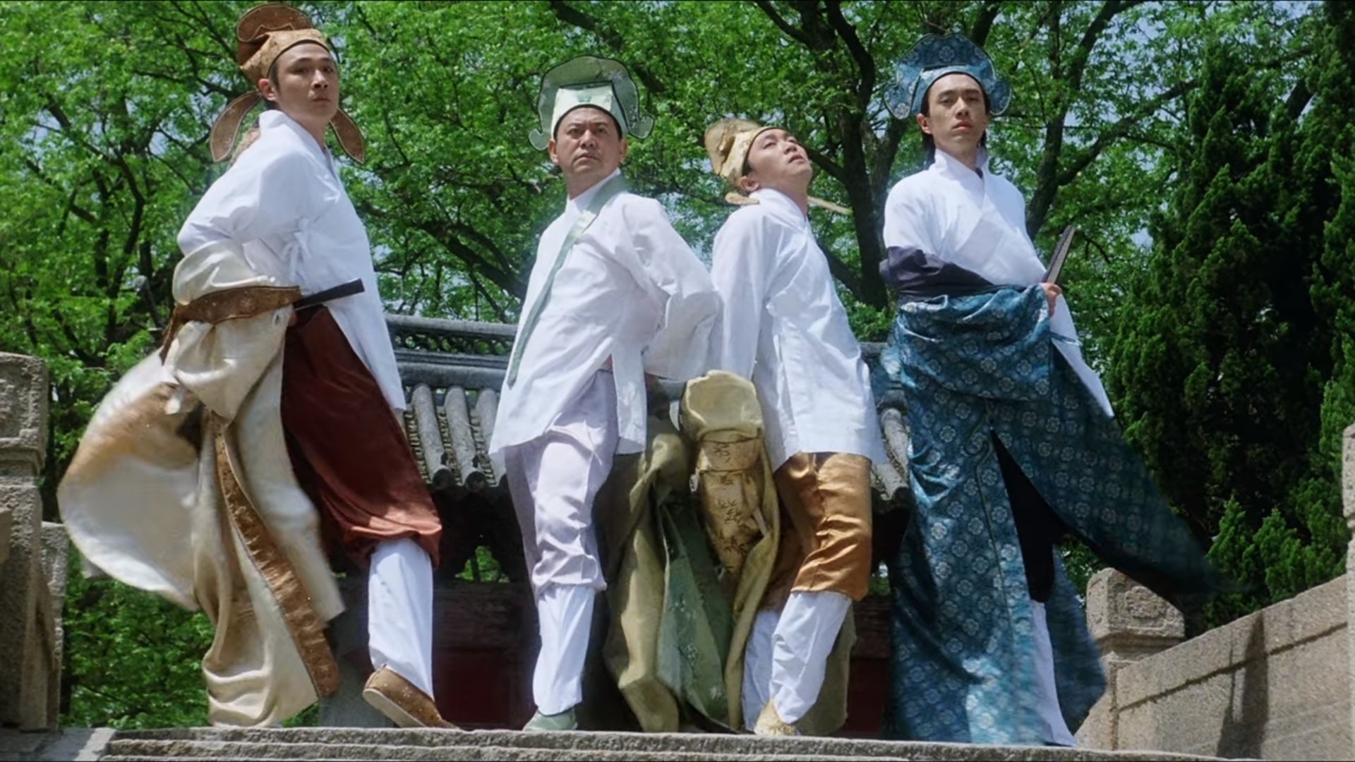 《唐伯虎點秋香》四大才子郊遊,拍攝地點是上海匯龍潭公園。(影片截圖) 《唐伯虎點秋香》四大才子郊遊,拍攝地點是上海匯龍潭公園。(影片截圖)