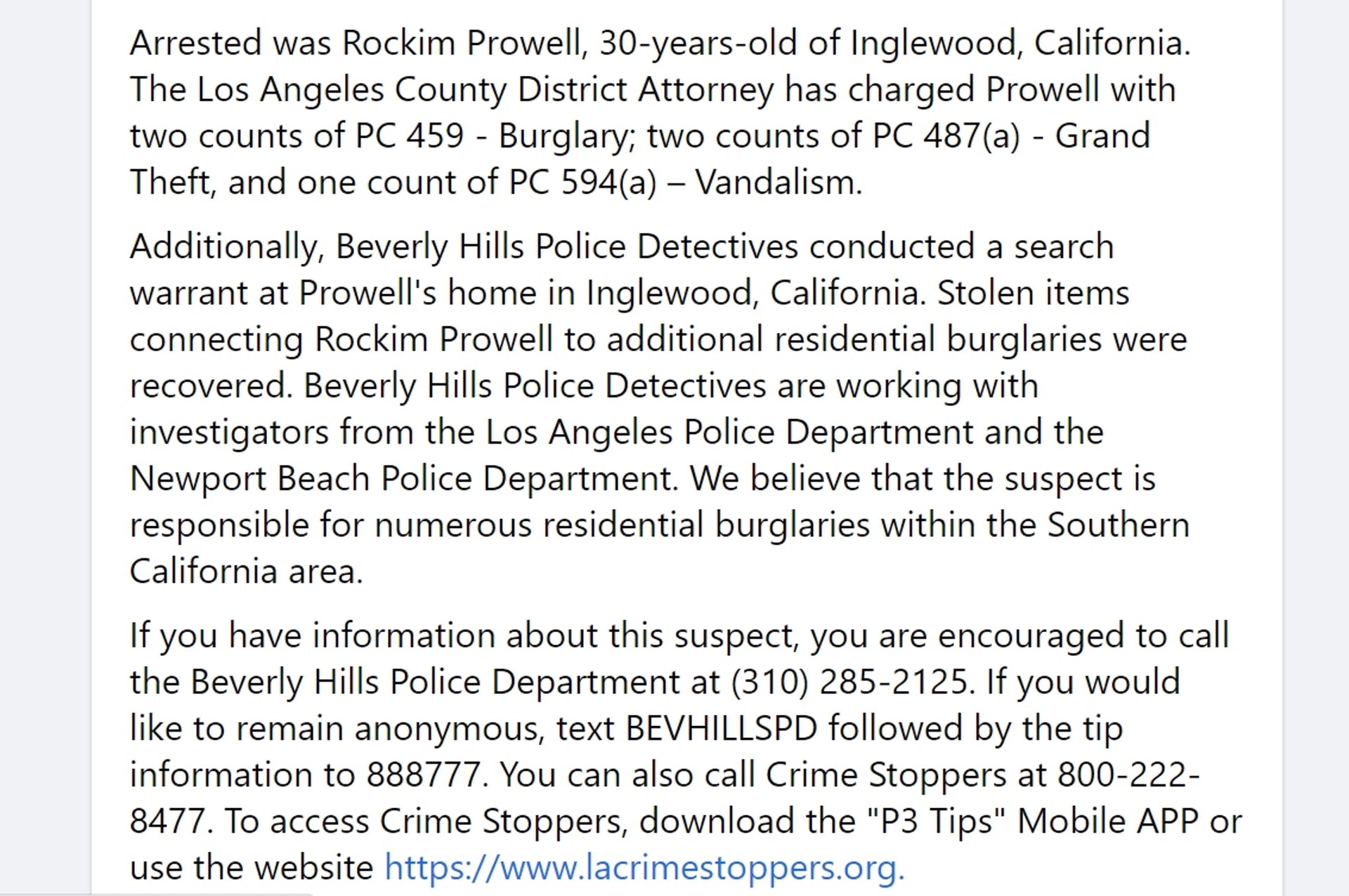 警方的Facebook貼文。(Facebook@Beverly Hills Police Department) 警方的Facebook貼文。(Facebook@Beverly Hills Police Department)