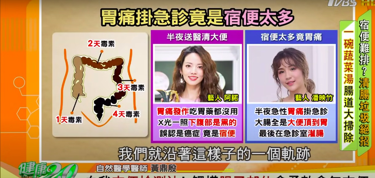 台灣藝人潘映竹及阿諾都曾因宿便太多而胃痛。（影片截圖）