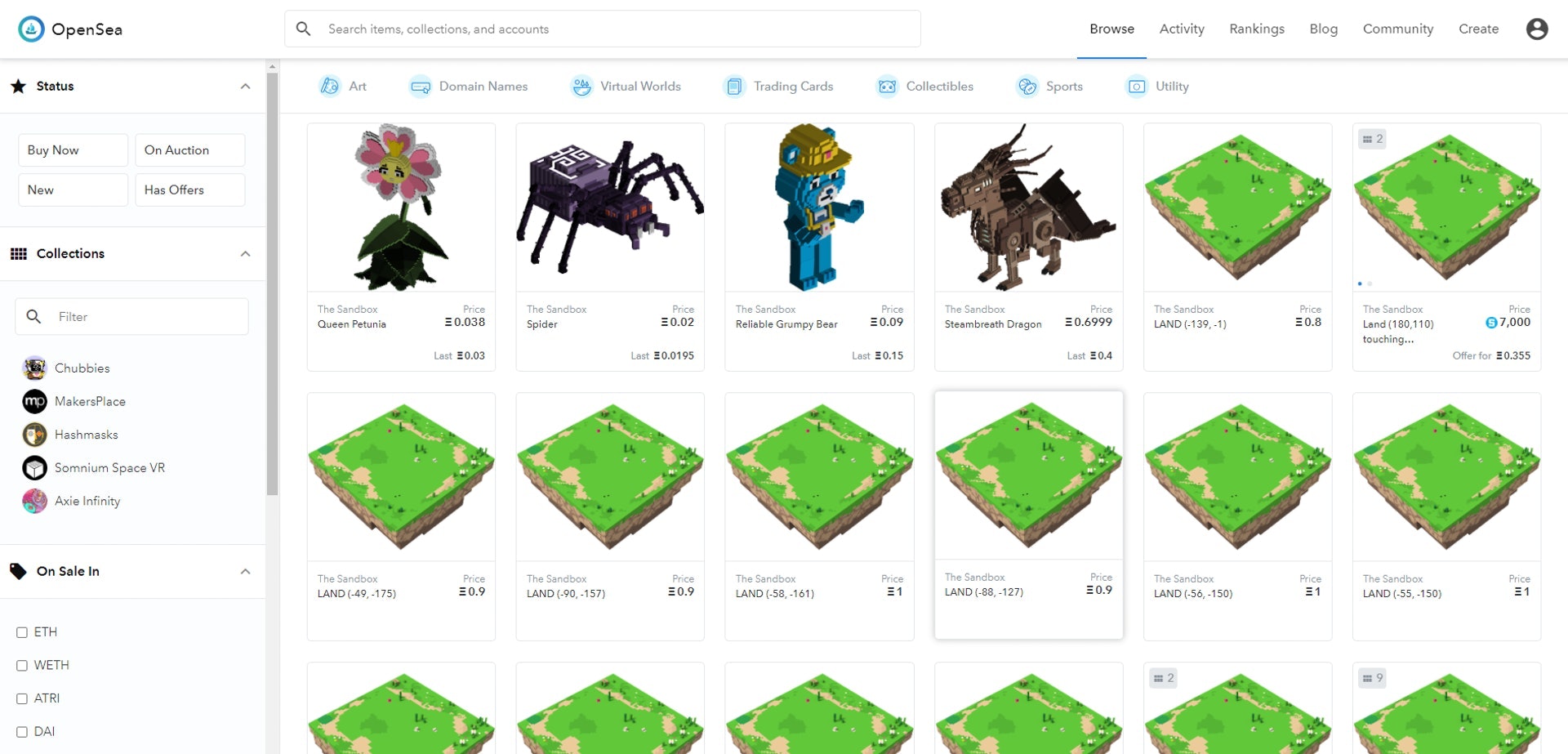 除了在《The Sandbox》遊戲裏交易,NFT交易所OpenSea亦有代理《The Sandbox》中由玩家所創造的角色、土地的交易,以以太幣或SAND計價,方便快捷。(opensea.io) 除了在《The Sandbox》遊戲裏交易,NFT交易所OpenSea亦有代理《The Sandbox》中由玩家所創造的角色、土地的交易,以以太幣或SAND計價,方便快捷。(opensea.io)