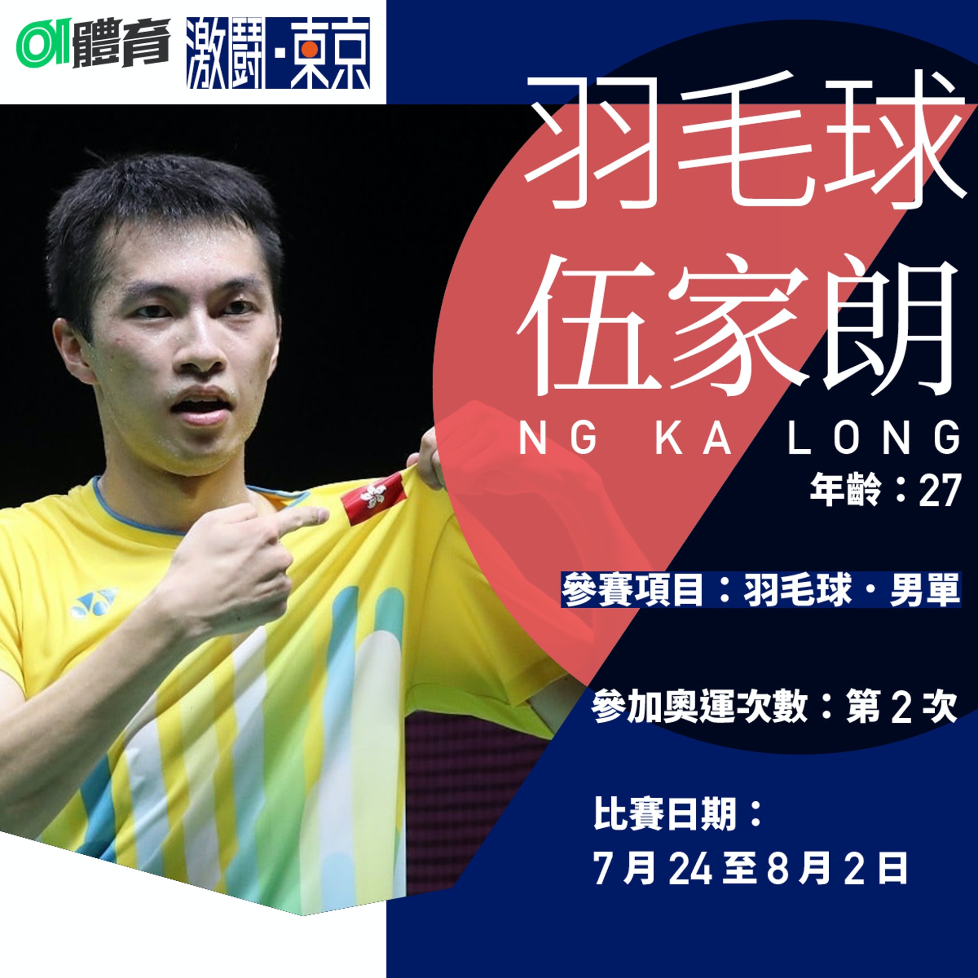 【東京奧運香港隊代表】伍家朗。(01美術製圖) 【東京奧運香港隊代表】伍家朗。(01美術製圖)