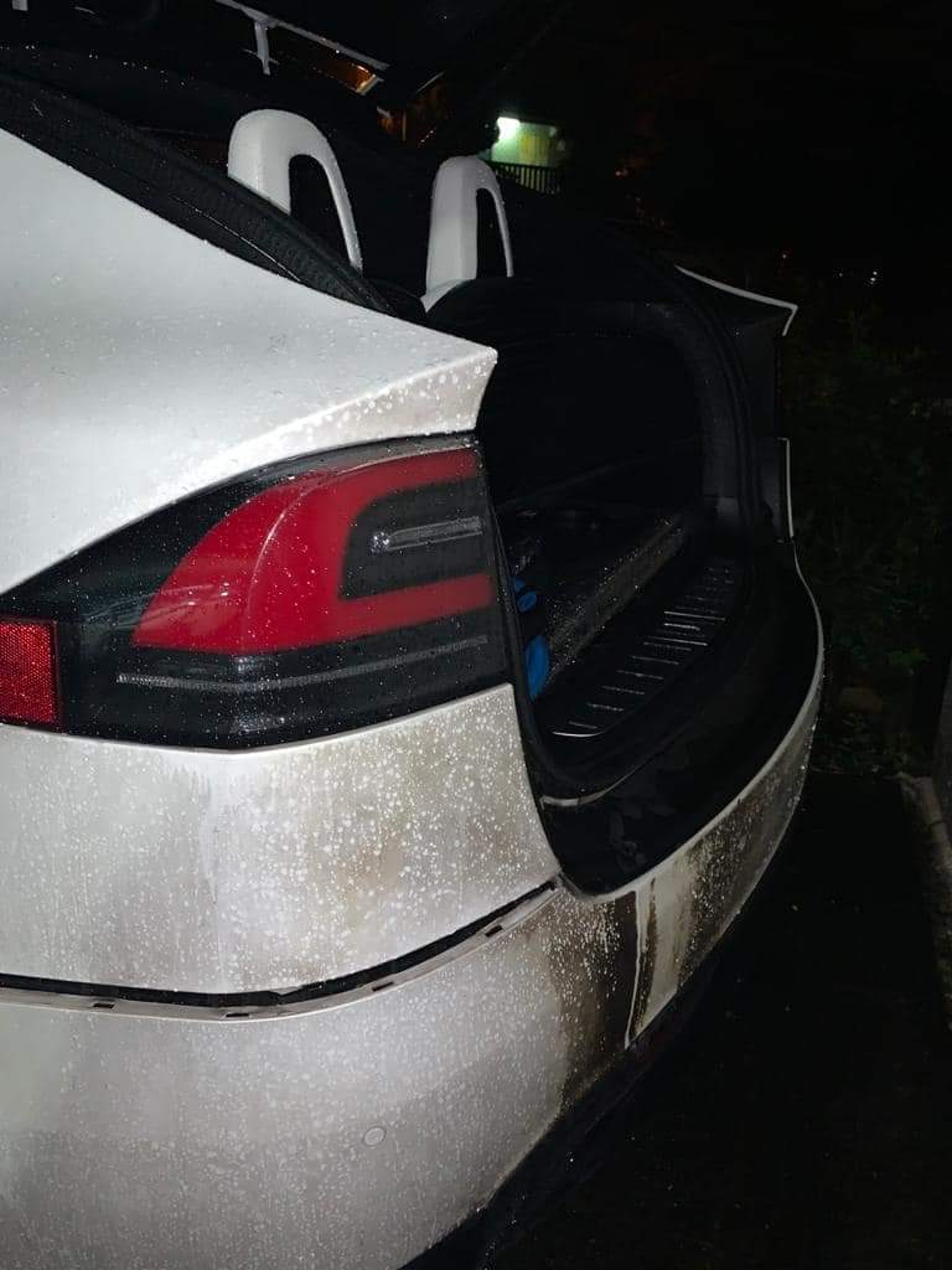 涉事Tesla車身有熏黑痕跡。(網上圖片) 涉事Tesla車身有熏黑痕跡。(網上圖片)