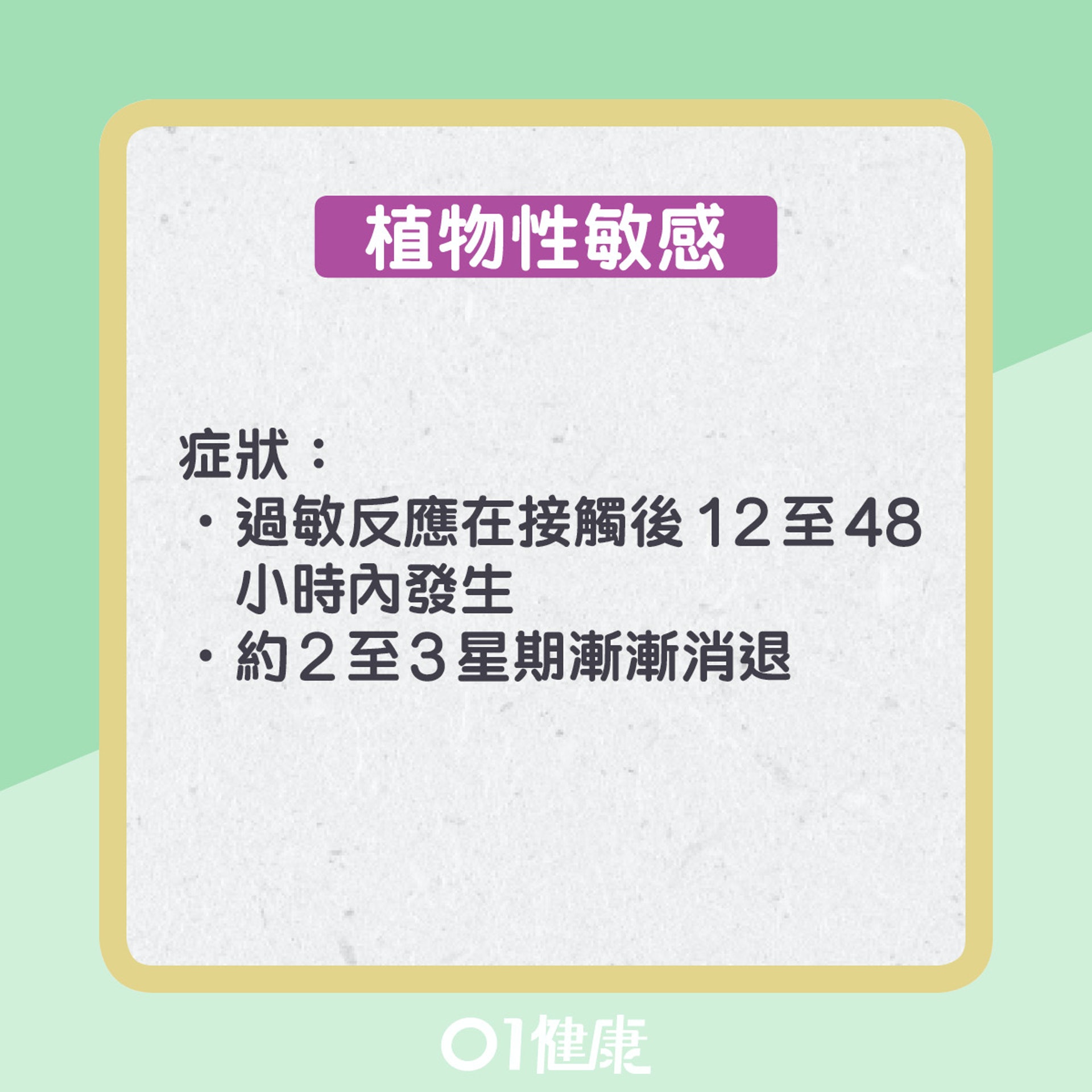 植物性敏感輕則引致皮膚紅腫，嚴者可能導致呼吸困難、發燒等。（01製圖）
