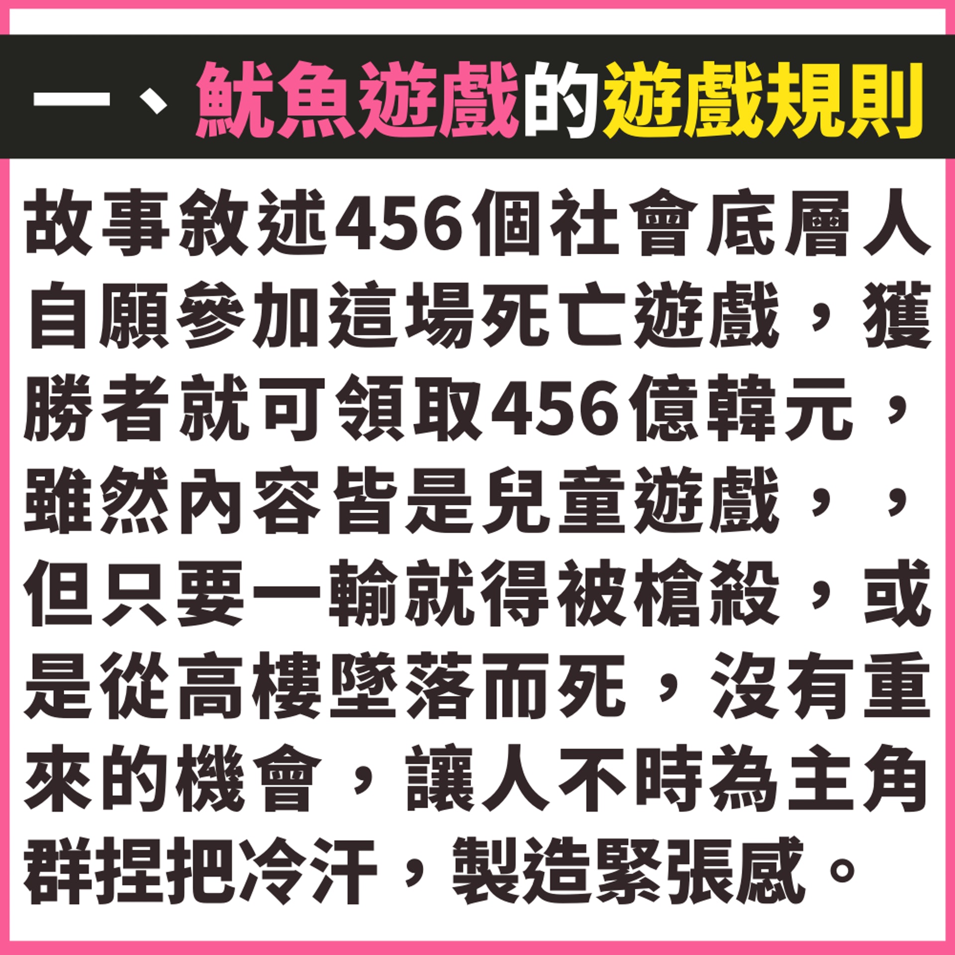 《魷魚遊戲》4個你一定要知道的重點。(01製圖) 《魷魚遊戲》4個你一定要知道的重點。(01製圖)