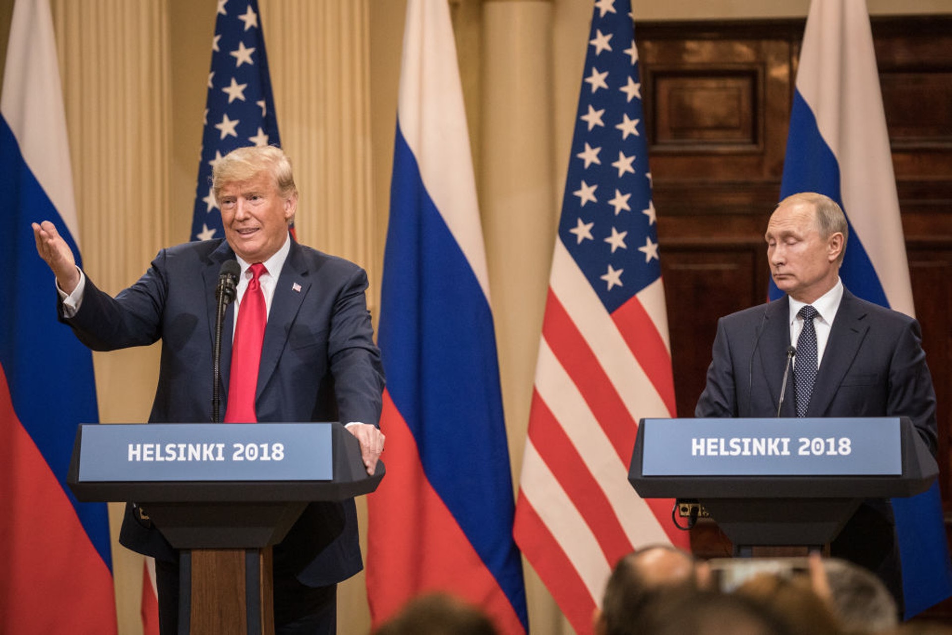 時任美國總統特朗普(Donald Trump)與俄羅斯總統普京(Vladimir Putin)曾在2018年於芬蘭赫爾辛基舉行峰會。(Getty Images) 時任美國總統特朗普(Donald Trump)與俄羅斯總統普京(Vladimir Putin)曾在2018年於芬蘭赫爾辛基舉行峰會。(Getty Images)