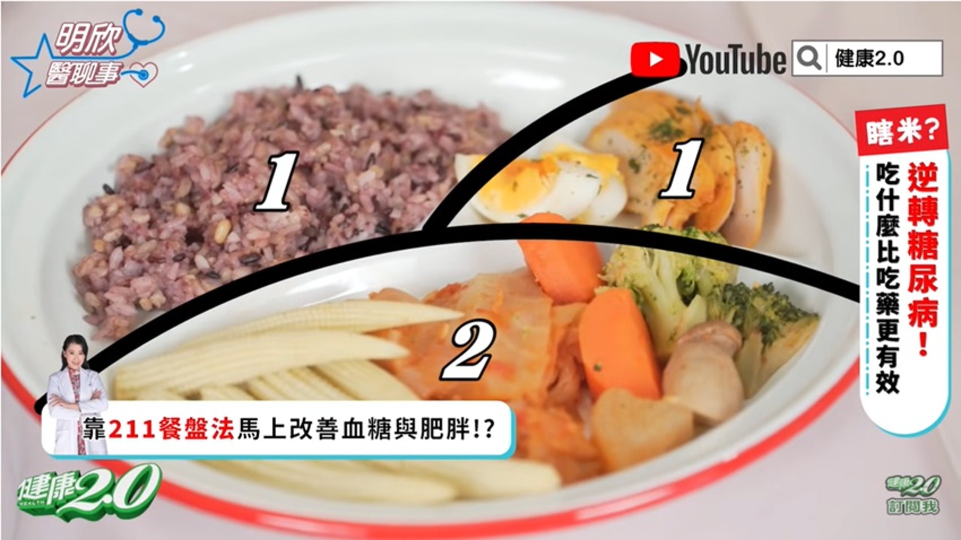陳欣湄常教人用「視覺法」來看進食比例，有個簡單的口訣就「211」，她將它稱為「微低碳餐盤」。（健康2.0授權使用）