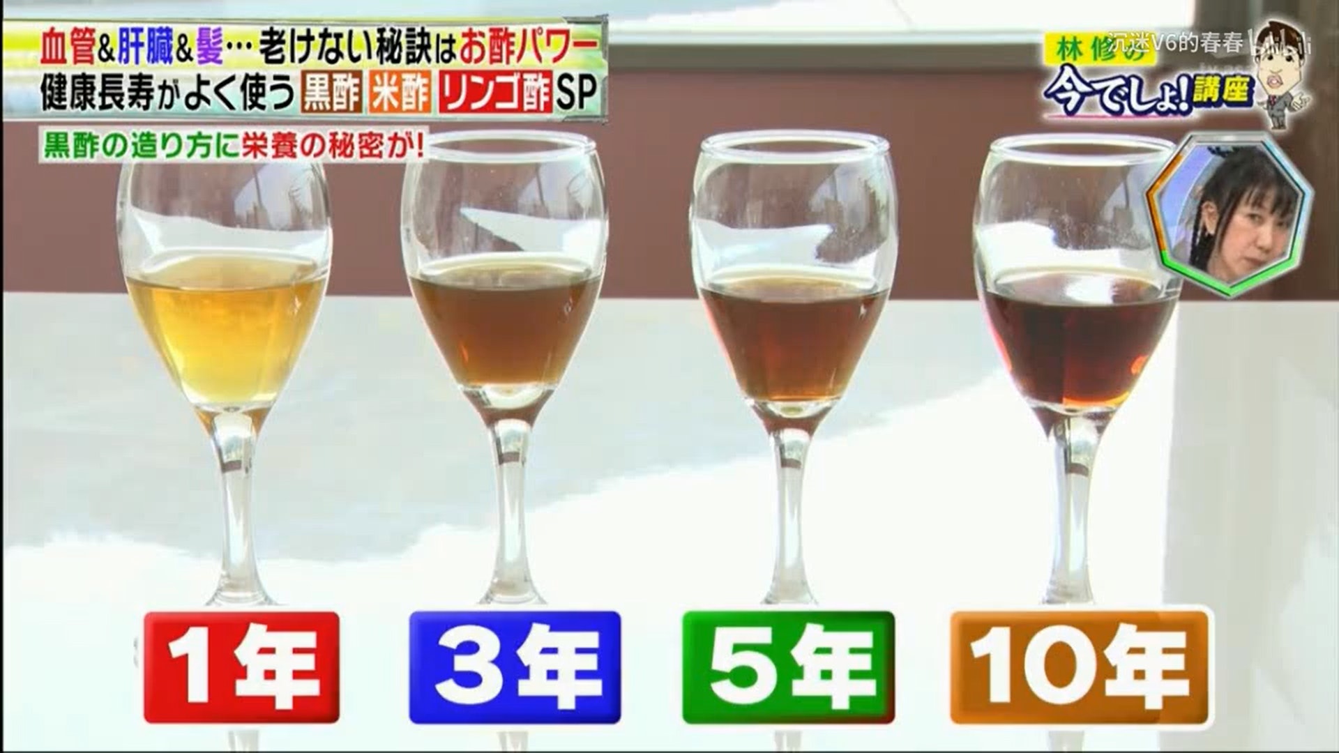 當黑醋的顏色越黑,代表胺基酸的含量越多。(《林修の今でしょ!講座》截圖) 當黑醋的顏色越黑,代表胺基酸的含量越多。(《林修の今でしょ!講座》截圖)