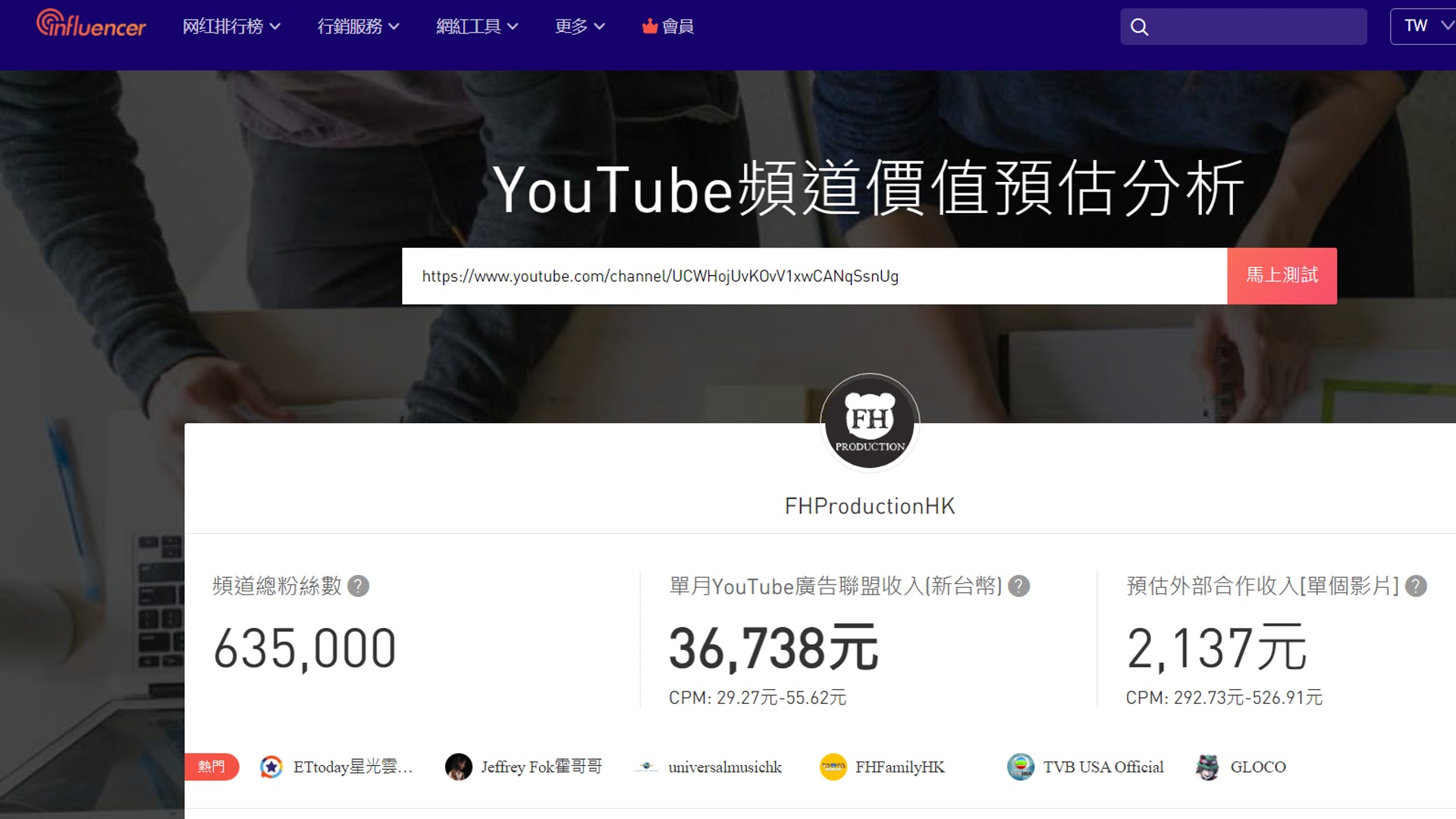 【第4位】FHProductionHK的單月YouTube廣告聯盟收入,約有1萬港元!(取自noxinfluencer.com) 【第4位】FHProductionHK的單月YouTube廣告聯盟收入,約有1萬港元!(取自noxinfluencer.com)
