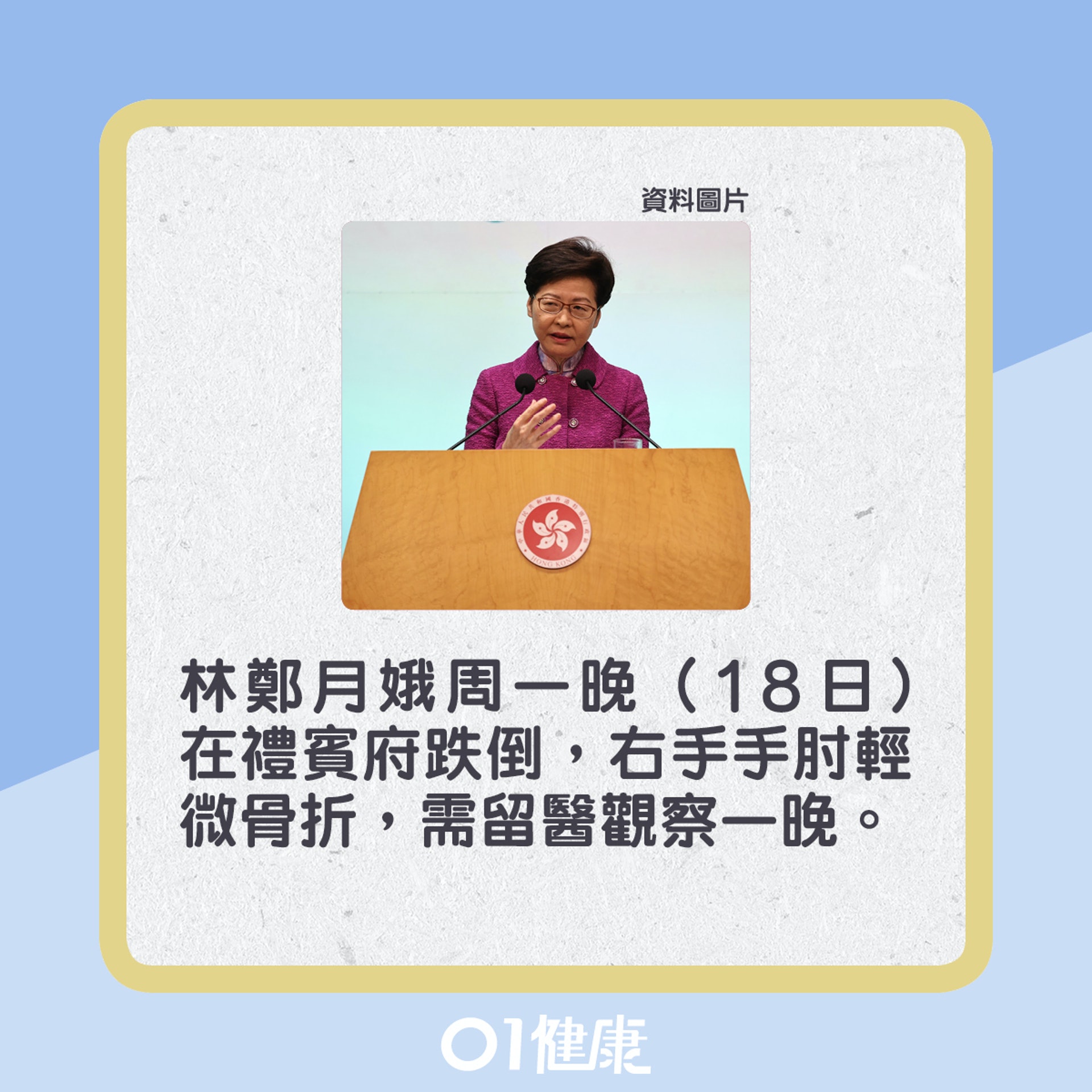 林鄭在禮賓府跌倒,右手輕微骨折。(01製圖) 林鄭在禮賓府跌倒,右手輕微骨折。(01製圖)