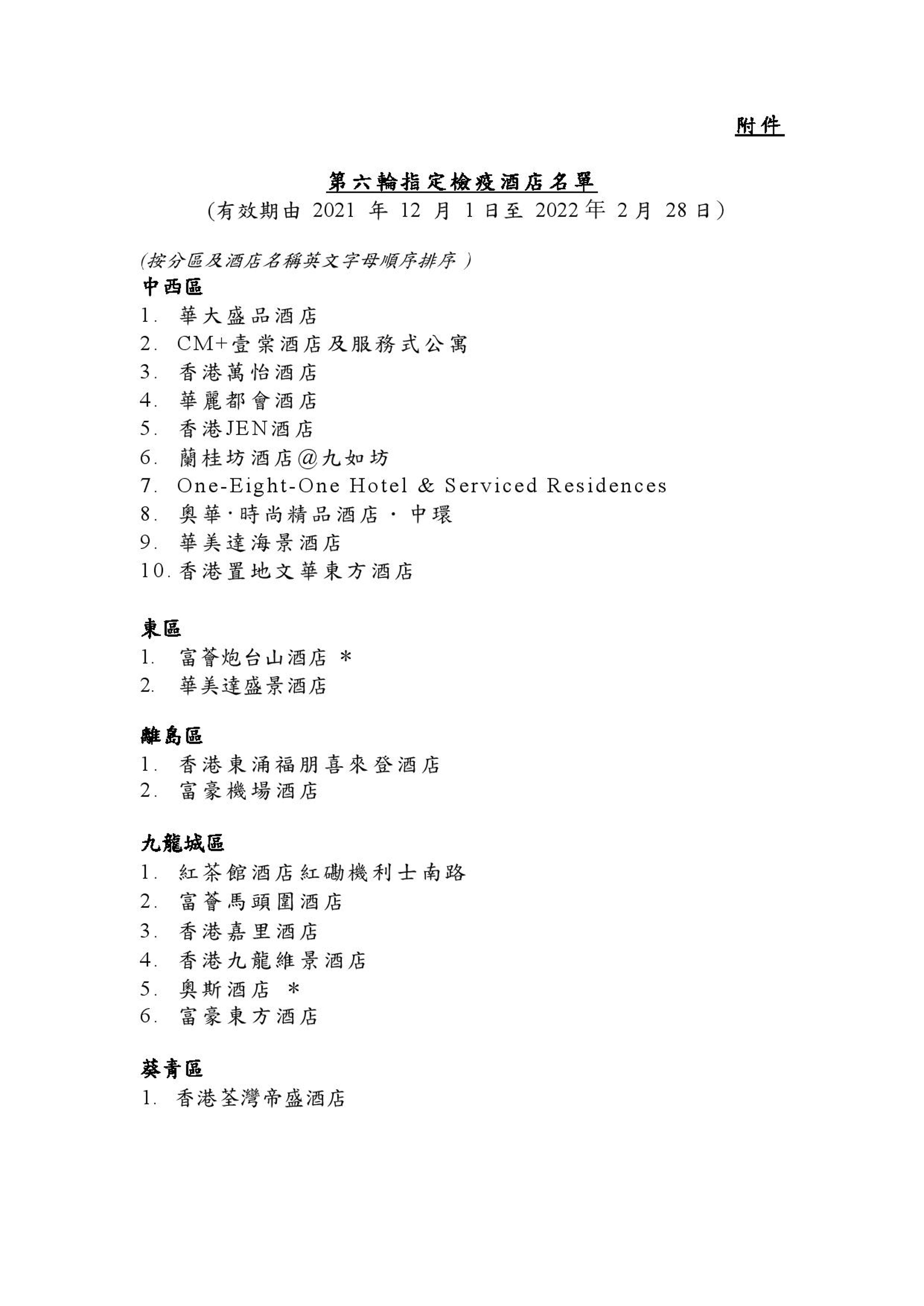 第六輪指定檢疫酒店名單