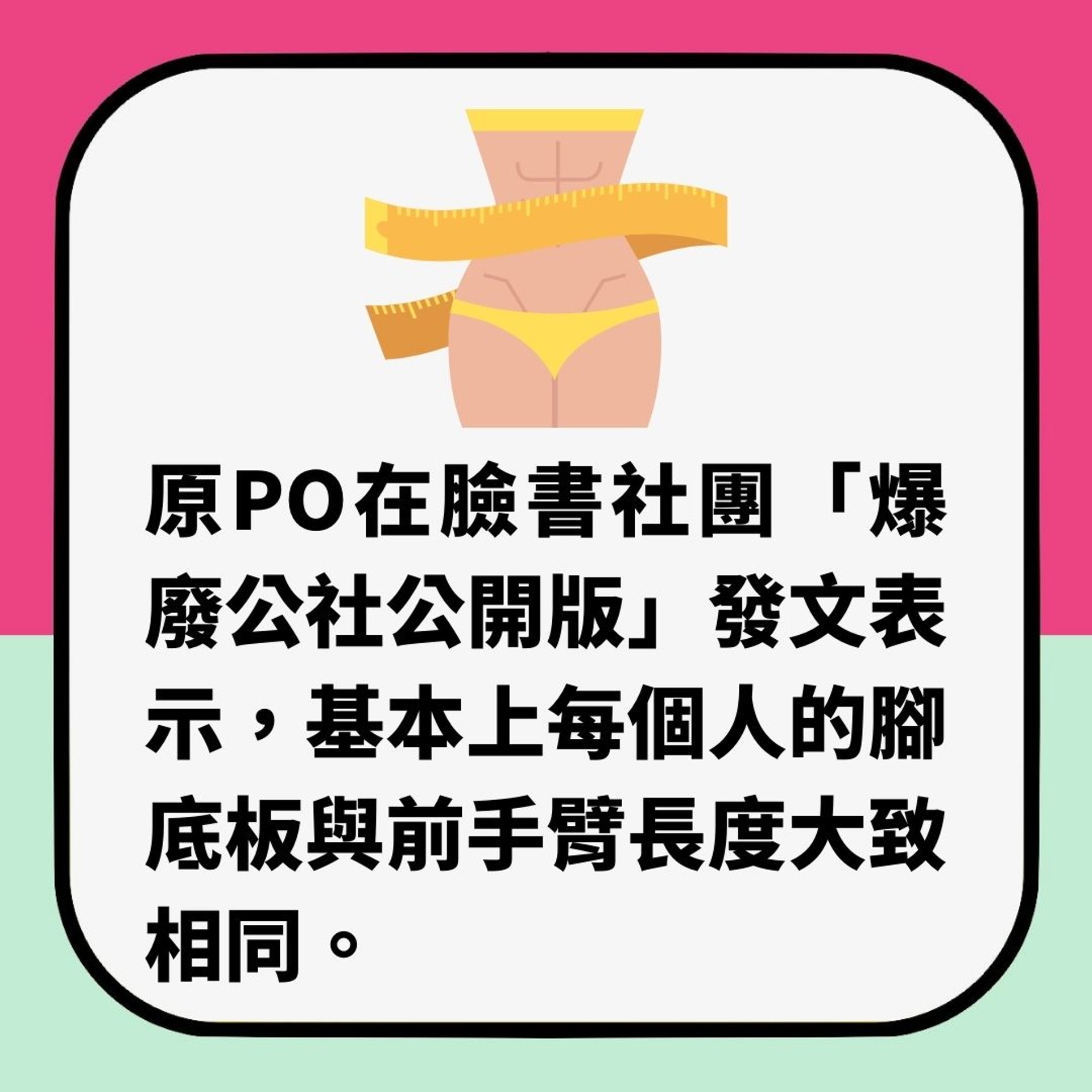 腳板底同一個部位一樣長?網民實測身體比例傳聞(01製圖) 腳板底同一個部位一樣長?網民實測身體比例傳聞(01製圖)