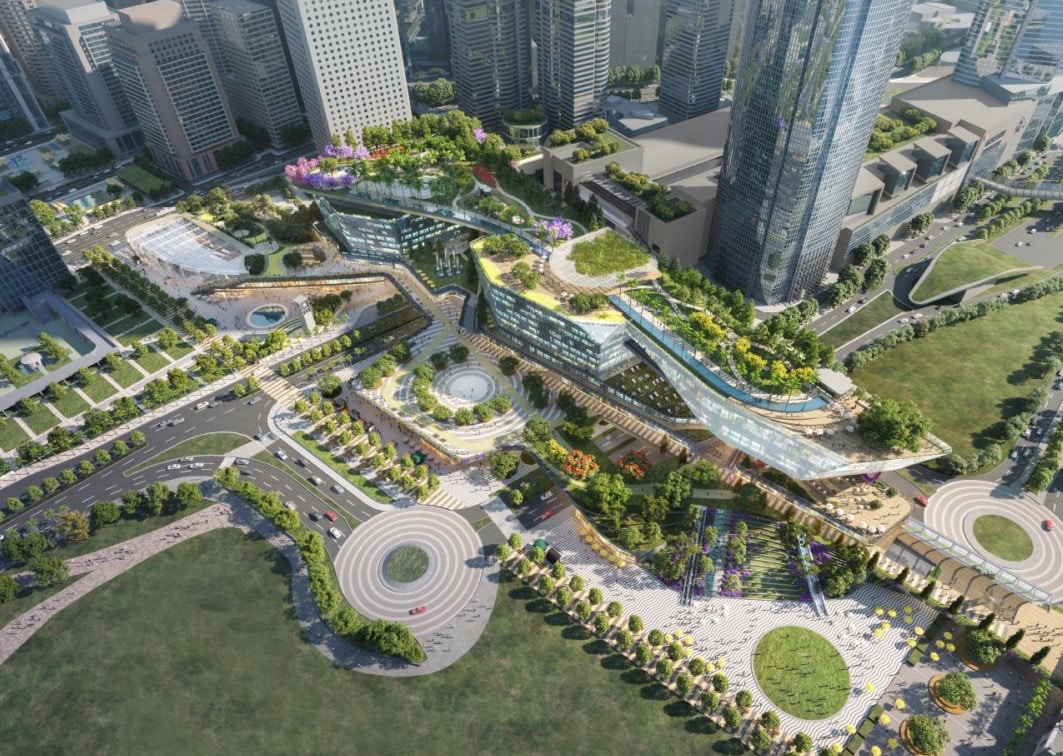 中標的設計方案擬建3座建築物，天台同時設名為「Horizon Park」的相連平台，把3座建築物串連。（中標方案概念圖／發展局文件）