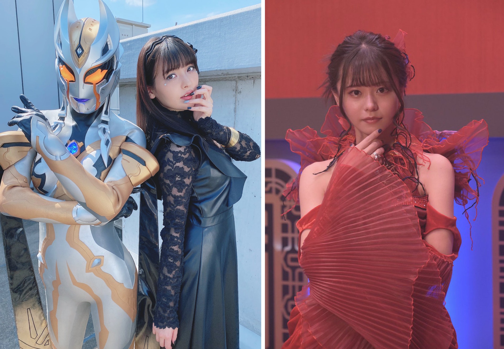 (左)《超人Trigger》妖麗戰士卡爾蜜拉真身:直接由配音員上坂堇扮演!(右)《幪面超人Revice》阿基萊拉浅倉唯在拍戲前其實是聲優女團idol。 (左)《超人Trigger》妖麗戰士卡爾蜜拉真身:直接由配音員上坂堇扮演!(右)《幪面超人Revice》阿基萊拉浅倉唯在拍戲前其實是聲優女團idol。