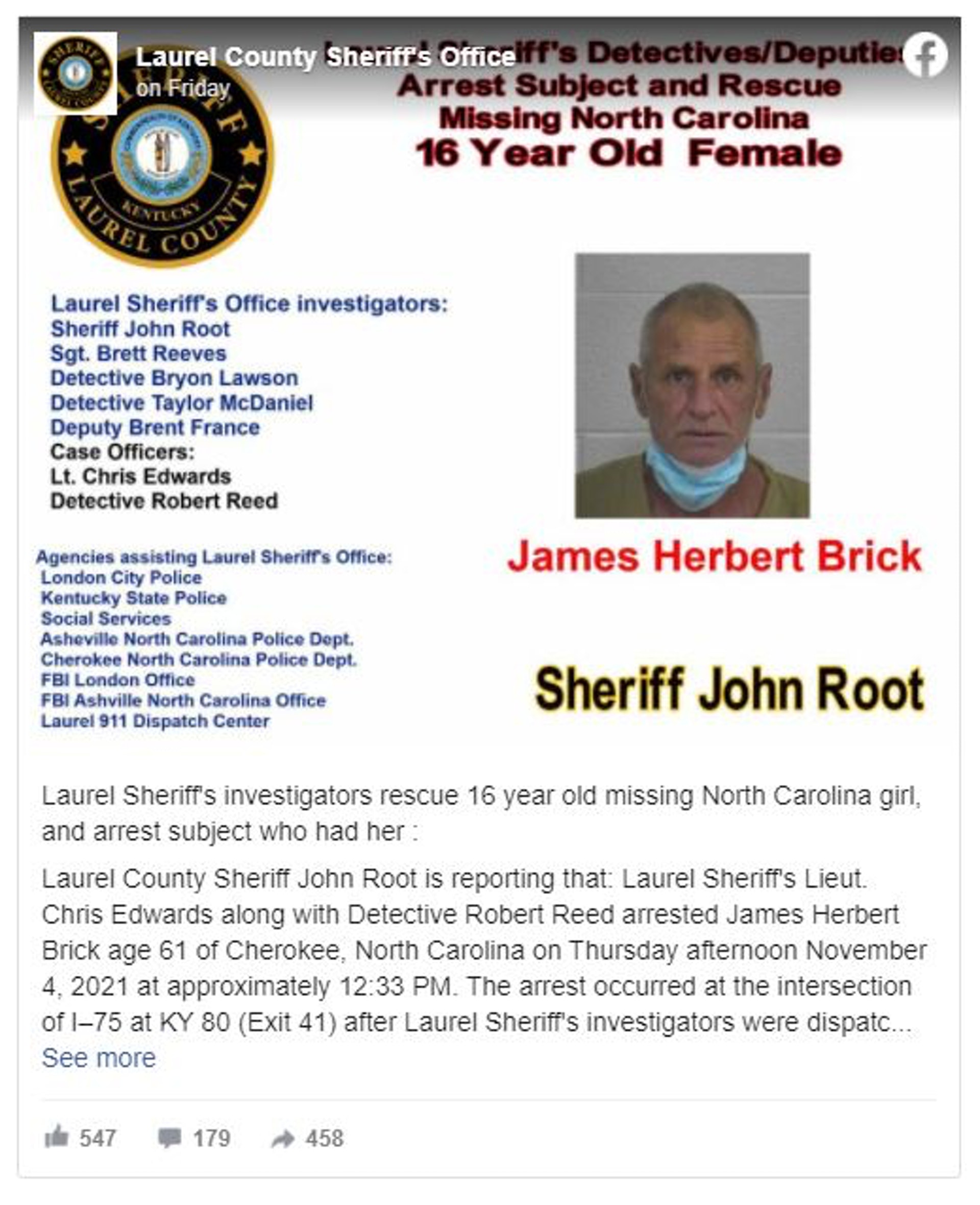 美國警方公布疑犯Herbert Brick訊息。(Laurel County Sheriff's Office) 美國警方公布疑犯Herbert Brick訊息。(Laurel County Sheriff's Office)