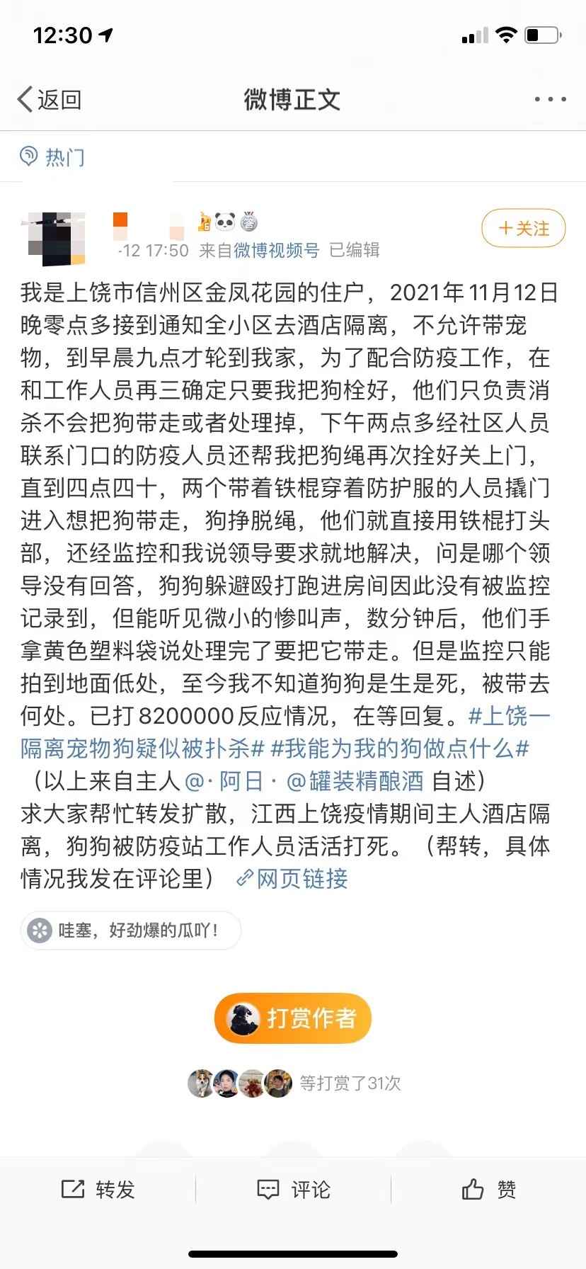 網民稱其飼養的小狗卻在家中被身穿防護服的人員持鐵棍敲打頭部。（微博）