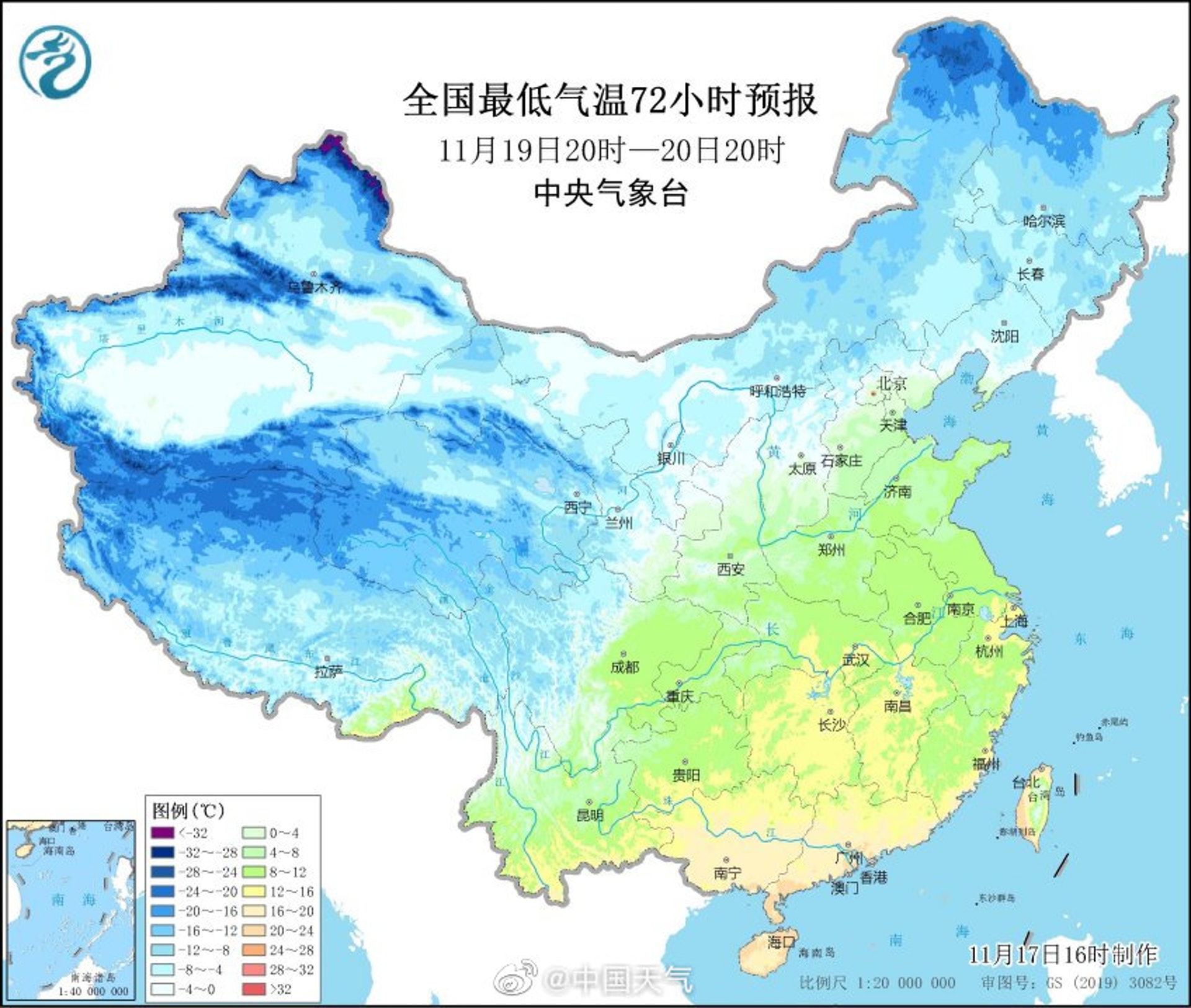 全國多地將受到新一輪冷空氣影響,19日至22日期間,近20個省會級城市將降溫逾10℃。(微博@中國天氣) 全國多地將受到新一輪冷空氣影響,19日至22日期間,近20個省會級城市將降溫逾10℃。(微博@中國天氣)