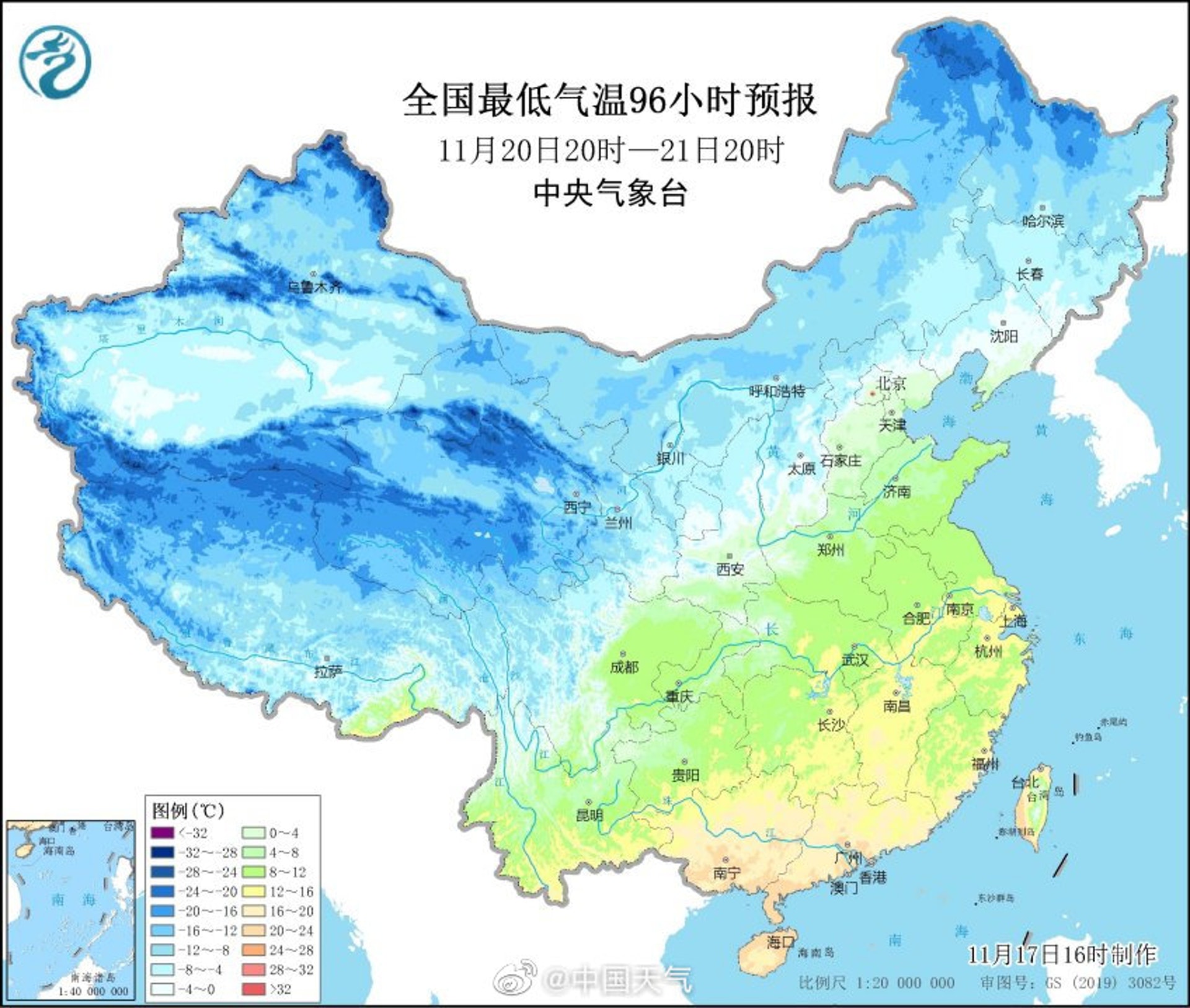 全國多地將受到新一輪冷空氣影響,19日至22日期間,近20個省會級城市將降溫逾10℃。(微博@中國天氣) 全國多地將受到新一輪冷空氣影響,19日至22日期間,近20個省會級城市將降溫逾10℃。(微博@中國天氣)