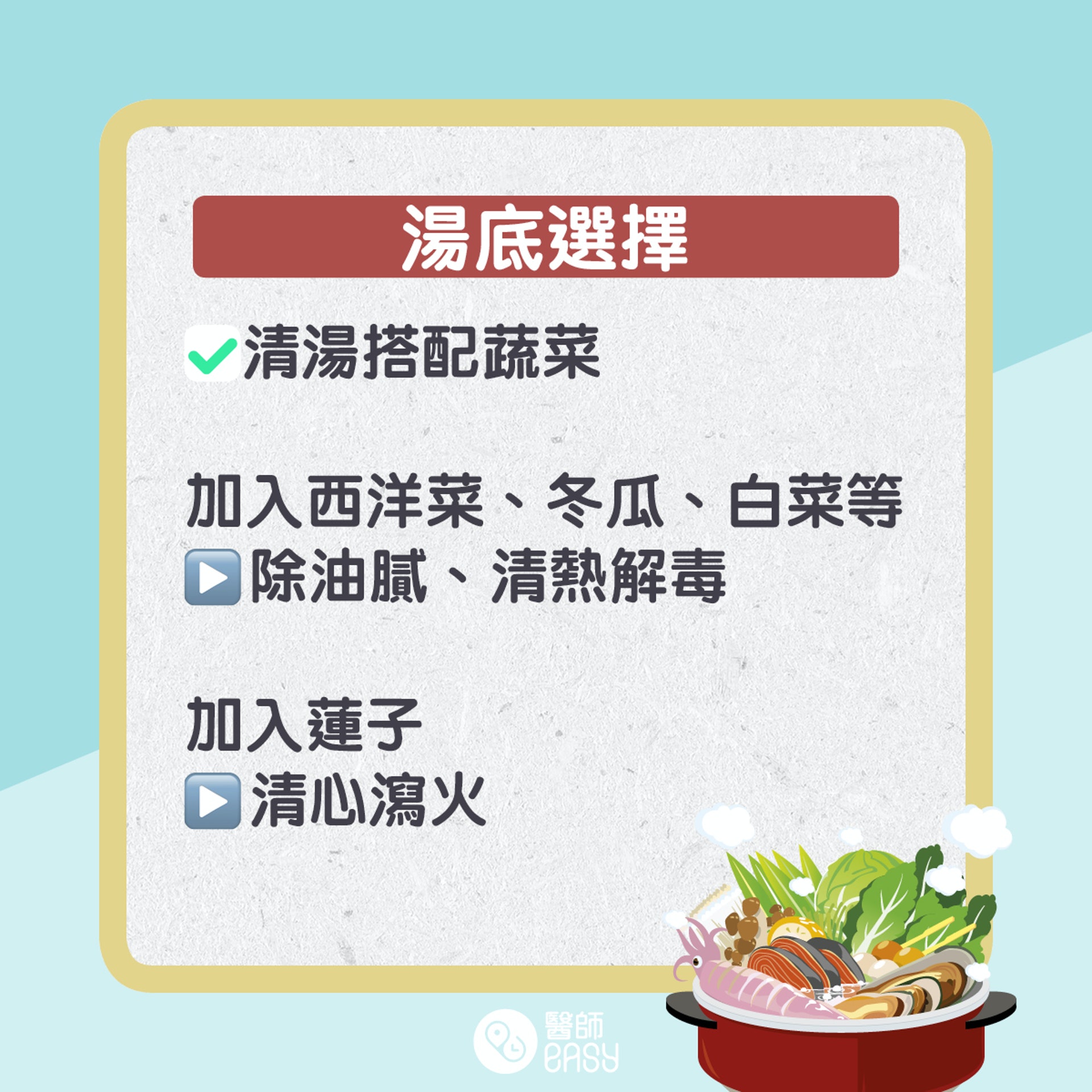 打邊爐健康貼士。(醫師easy製圖) 打邊爐健康貼士。(醫師easy製圖)