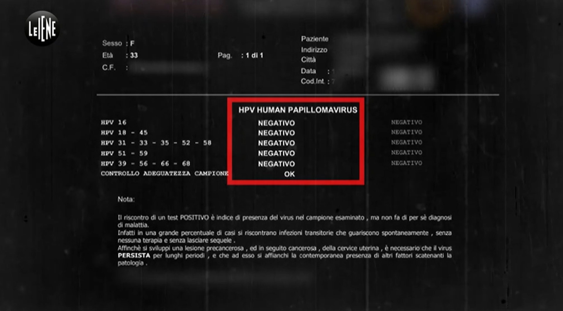 女病人的檢測報告全部呈陰性,後來證實她身體健康,但米尼洛說她感染HPV病毒,很可能變成癌症。(《Le Lene》截圖)
